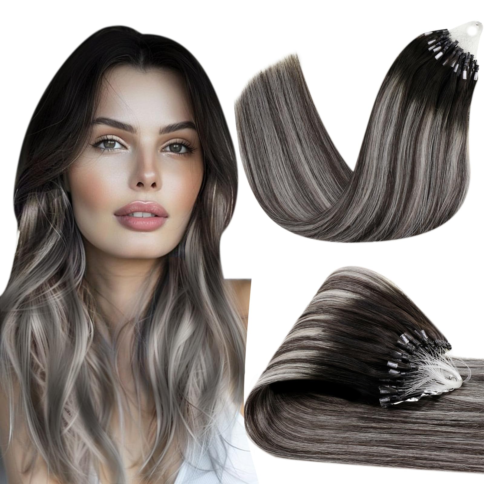 Hetto Balayage Micro Loop Hair Extensions Real Human Hair Black to Silver Gray with Black Micro Link Extensions Human Hair 12 In