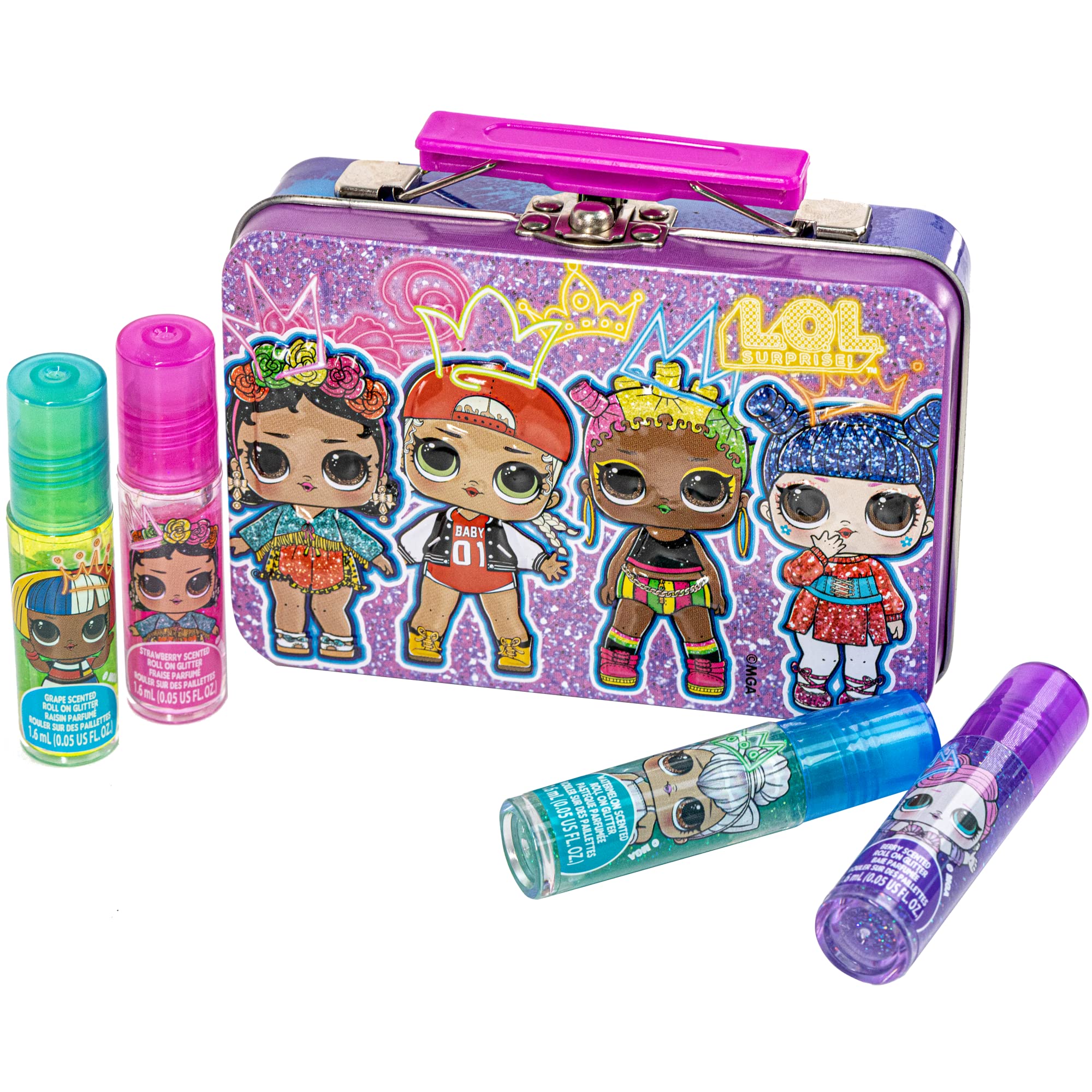 L.O.L Surprise! Townley Girl Plant-Based Flavoured 4 Pk All Over Roll-On Glitter with Tin Makeup Set for Kids and Girls, Ages 5+