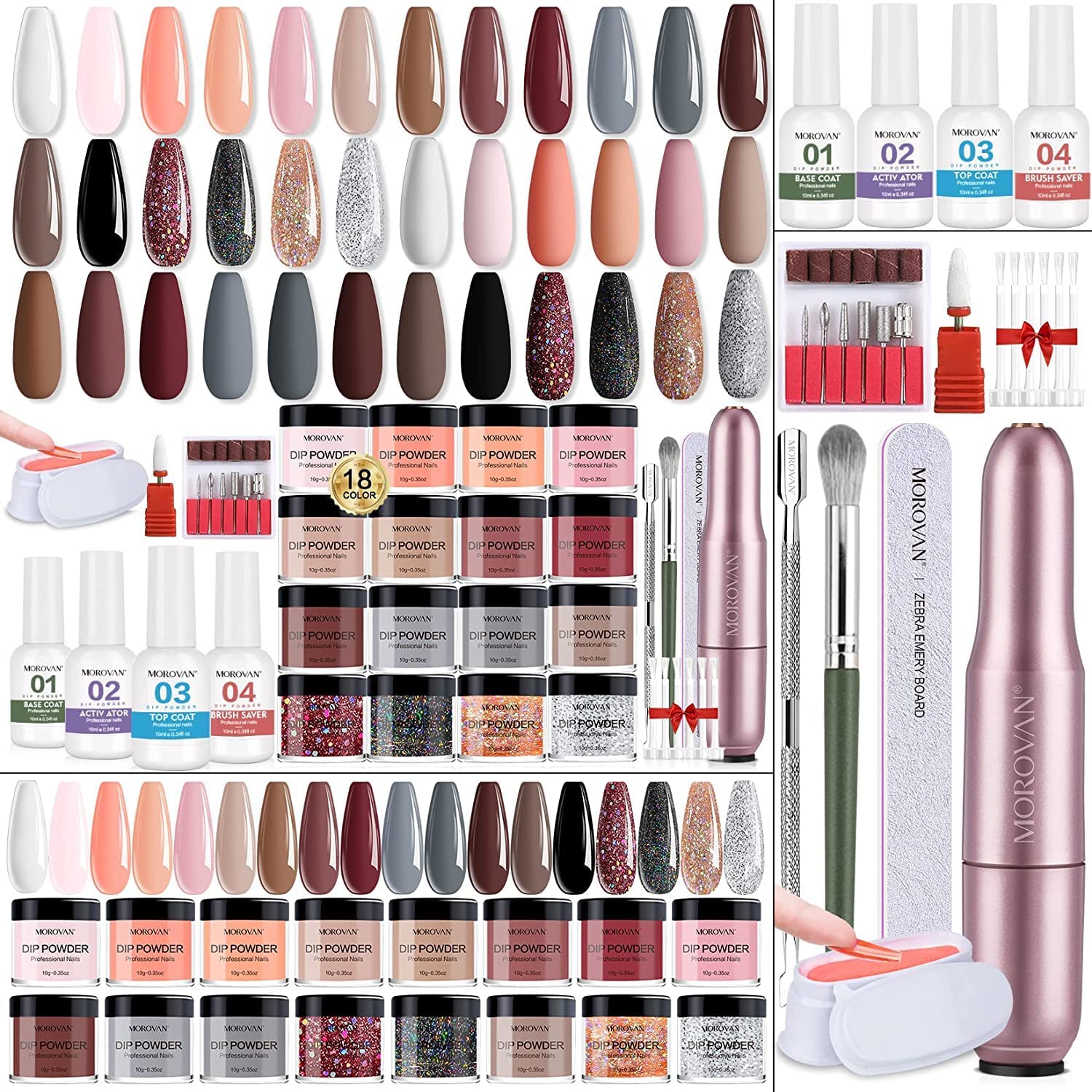 30Pcs Dip Powder Nail Kit Starter-Morovan 18 Colors Dip Powder Pure Glitter Nail Dipping Powder Set With Electric Nail Drill Mac