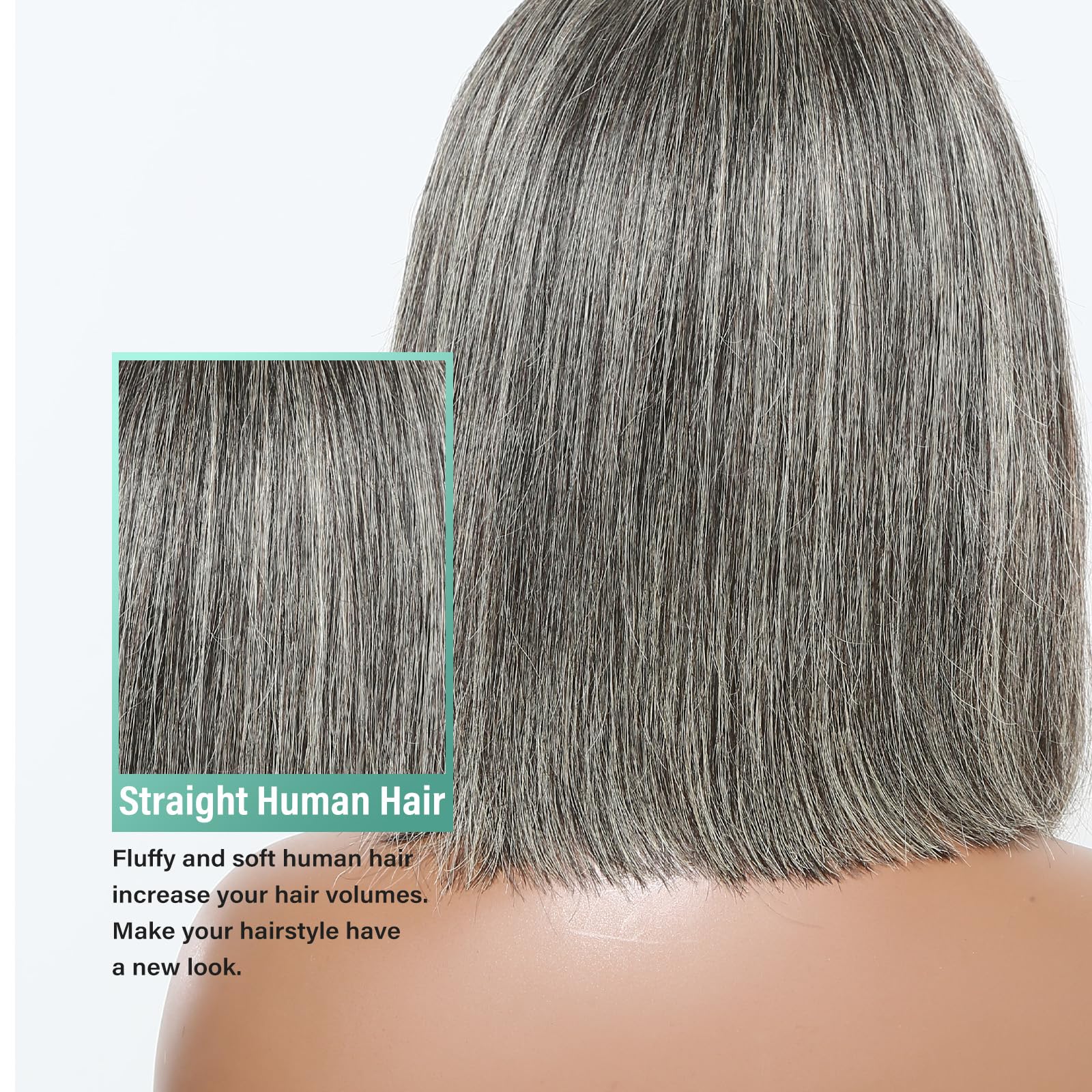 Baohuke 12'' Glueless Salt And Pepper Human Hair Wigs Staight Grey Bob Wig Human Hair 5X5 Closure Grey Hd Lace Front Human Hair