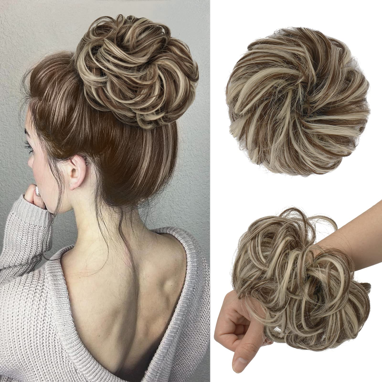 FESHFEN Messy Hair Bun Hair Pieces Wavy Curly Large Hair Bun Scrunchies Extensions Synthetic Tousled Updo Hairpieces for Women G