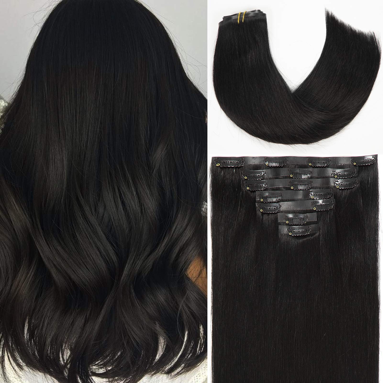 Loxxy Remy Human Hair Extensions Seamless Clip in Hair Extensions 18inch Off Black 110gram 7 Pcs Thick Hair Extensions Clip in W