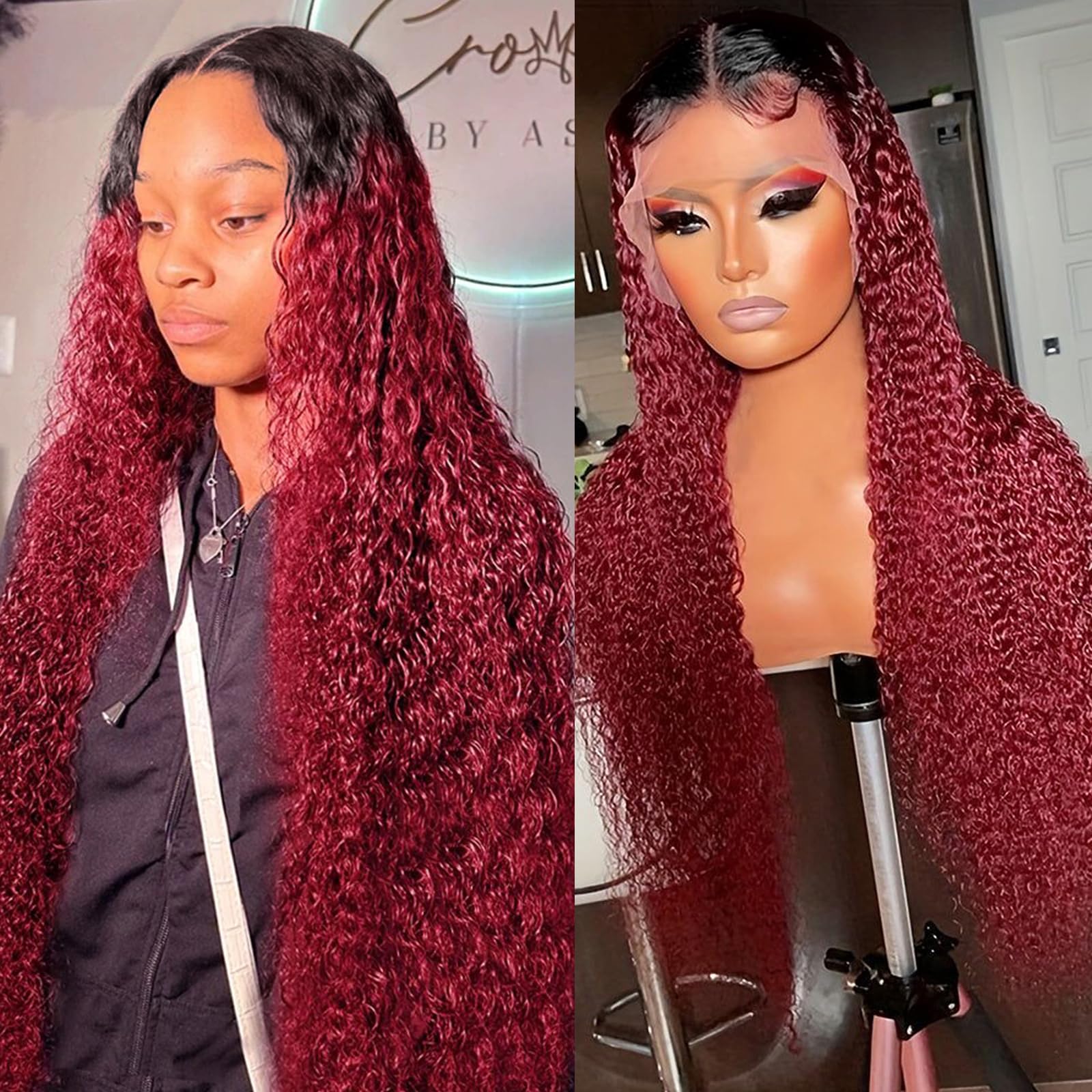 Juvid 13X6 Burgundy 99J Curly Lace Front Wig Human Hair HD Lace Front Human Hair Wig Pre Plucked 180% Density Ombre 1b/99J Curly