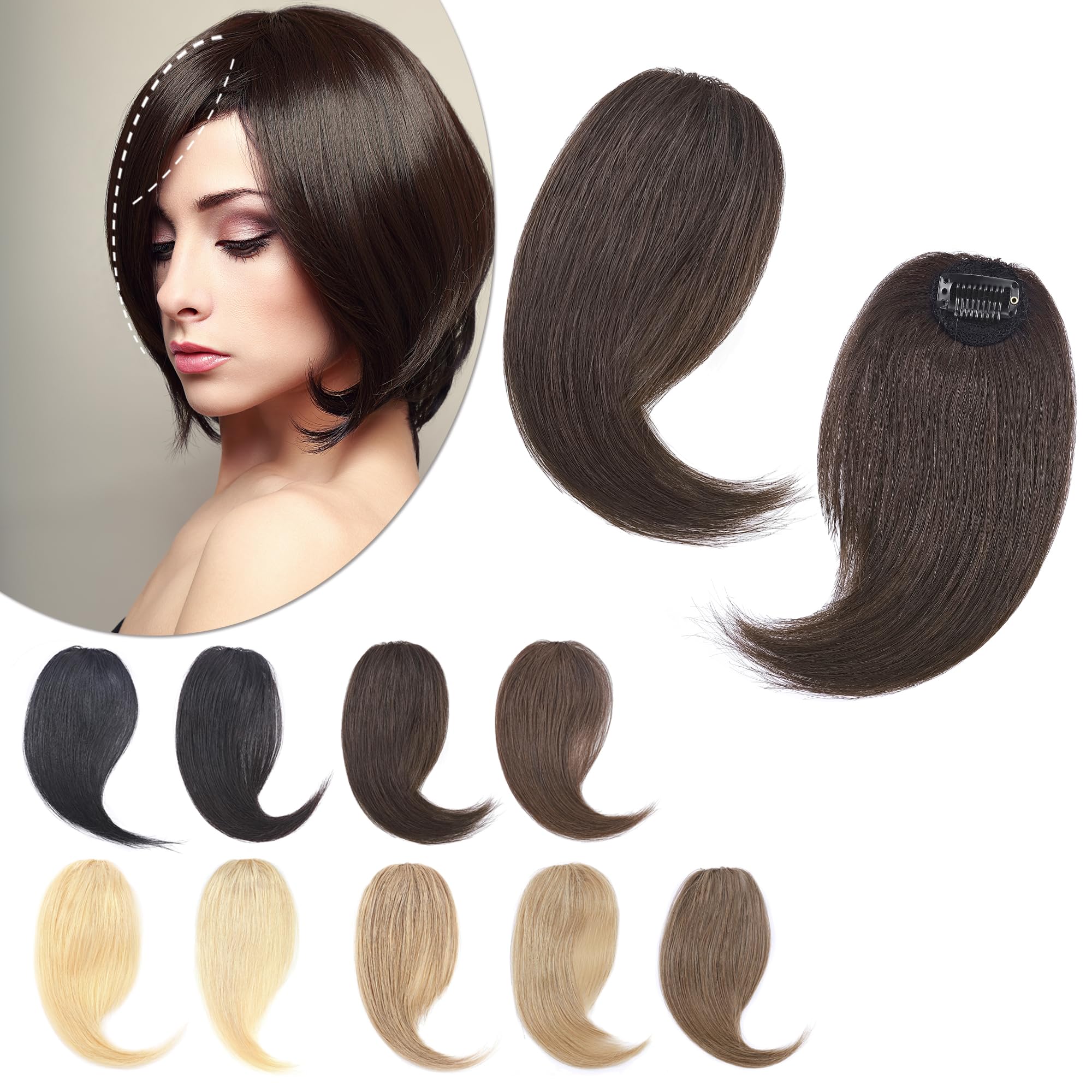 SEGO Side Bangs Clip in Bangs 100% Real Human Hair 10 inch 2PCS French Bangs Wave Fringe Swept Natural look Hair Piece 15g/Pcs -