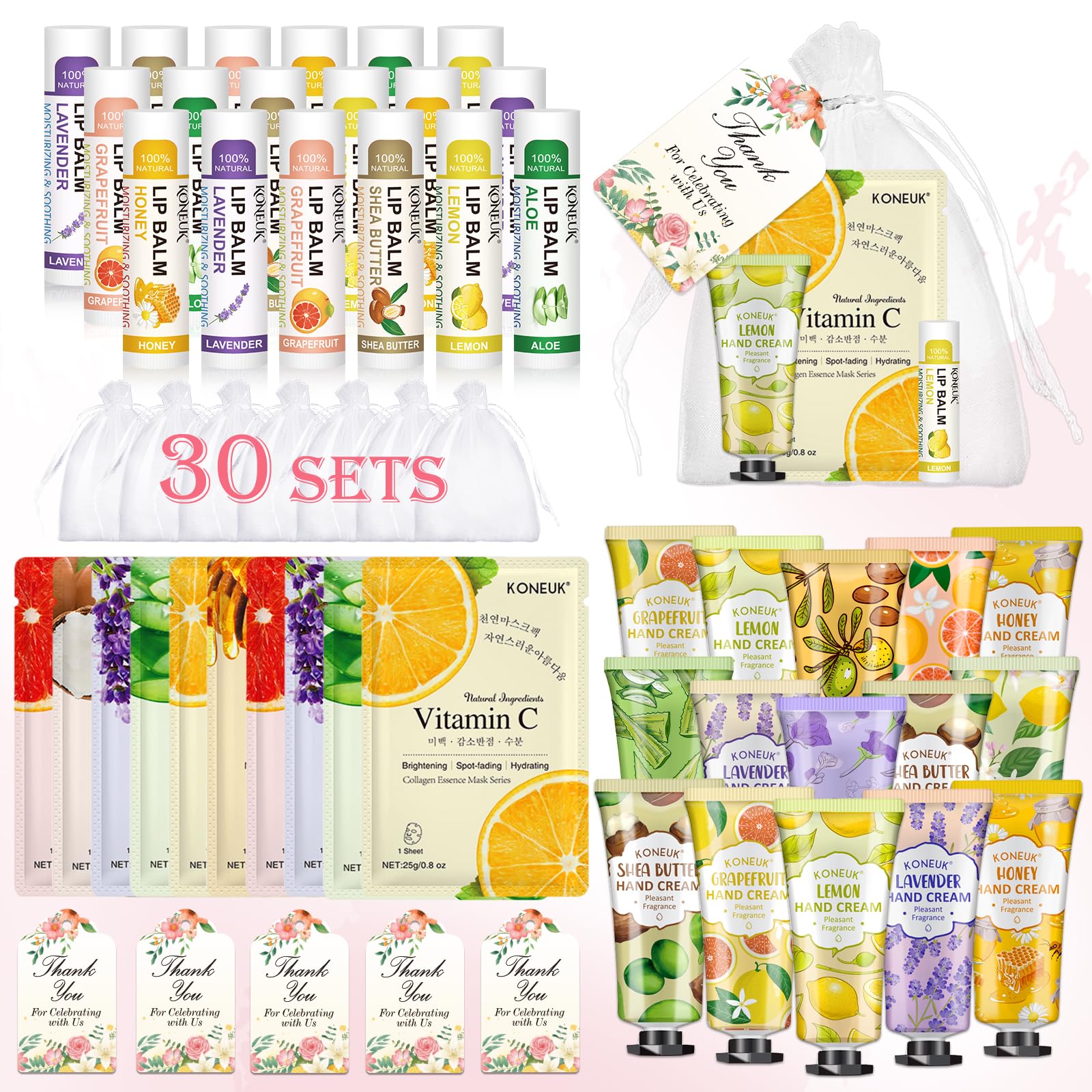 Koneuk 30 Pack Bulk Facial Mask, Bulk Hand Cream And Bulk Lip Balm Sets, Valentines Day Gifts For Her, Bridal Shower Favors And