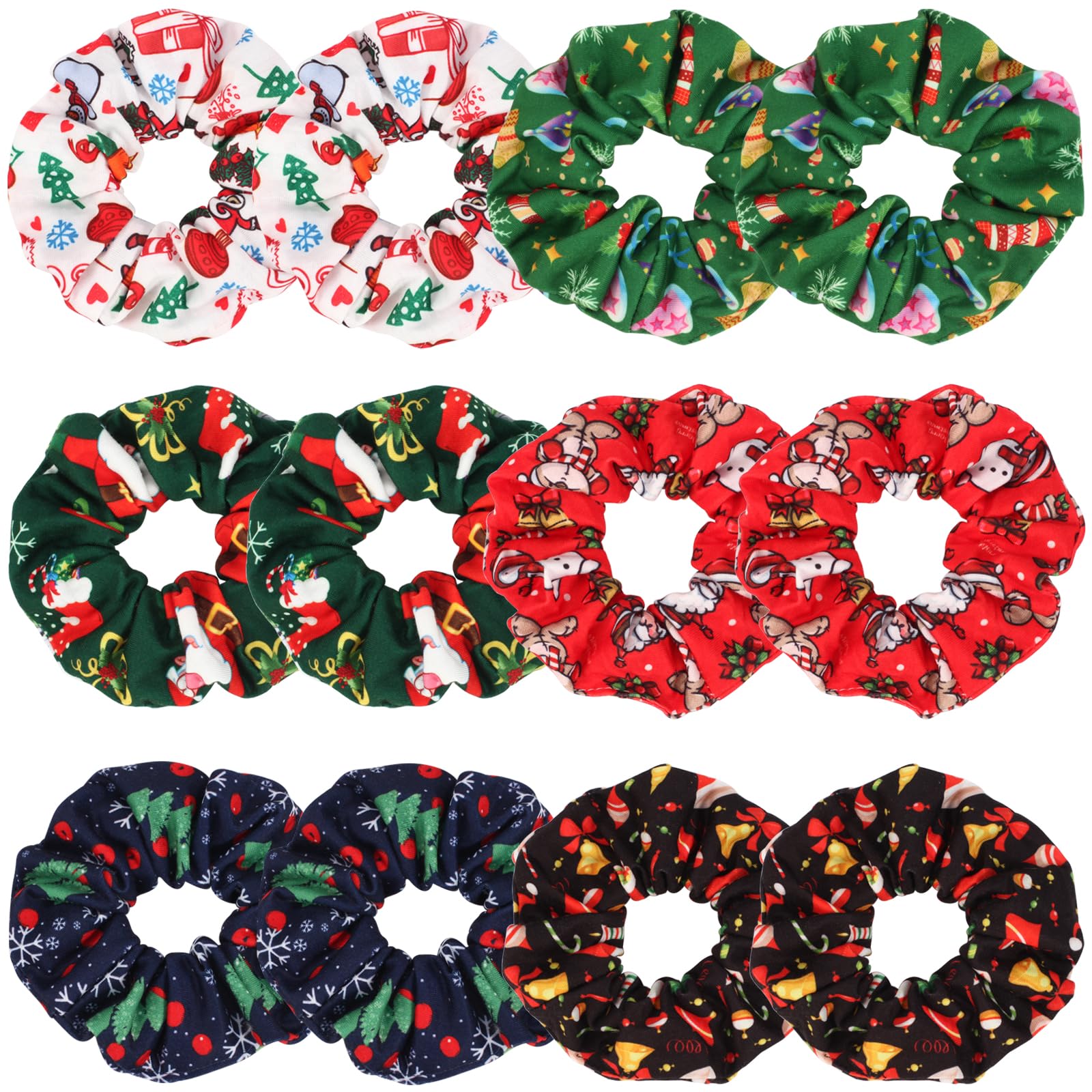 12PCS Christmas Hair Scrunchies Cute Elastic Scrunchy Ponytail Holder Hair Ties for Women Girls Green Santa Claus Snowman Stocki