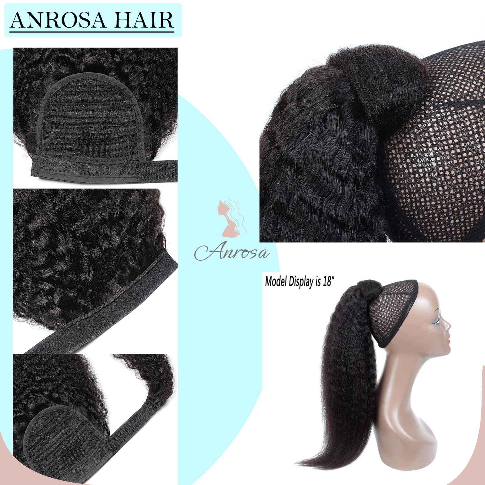 Anrosa #1B Natural Black Ponytail Extension Human Hair Ponytail Extension Hair Wrap Around 100% Remy Human Hair Straight Ponytai