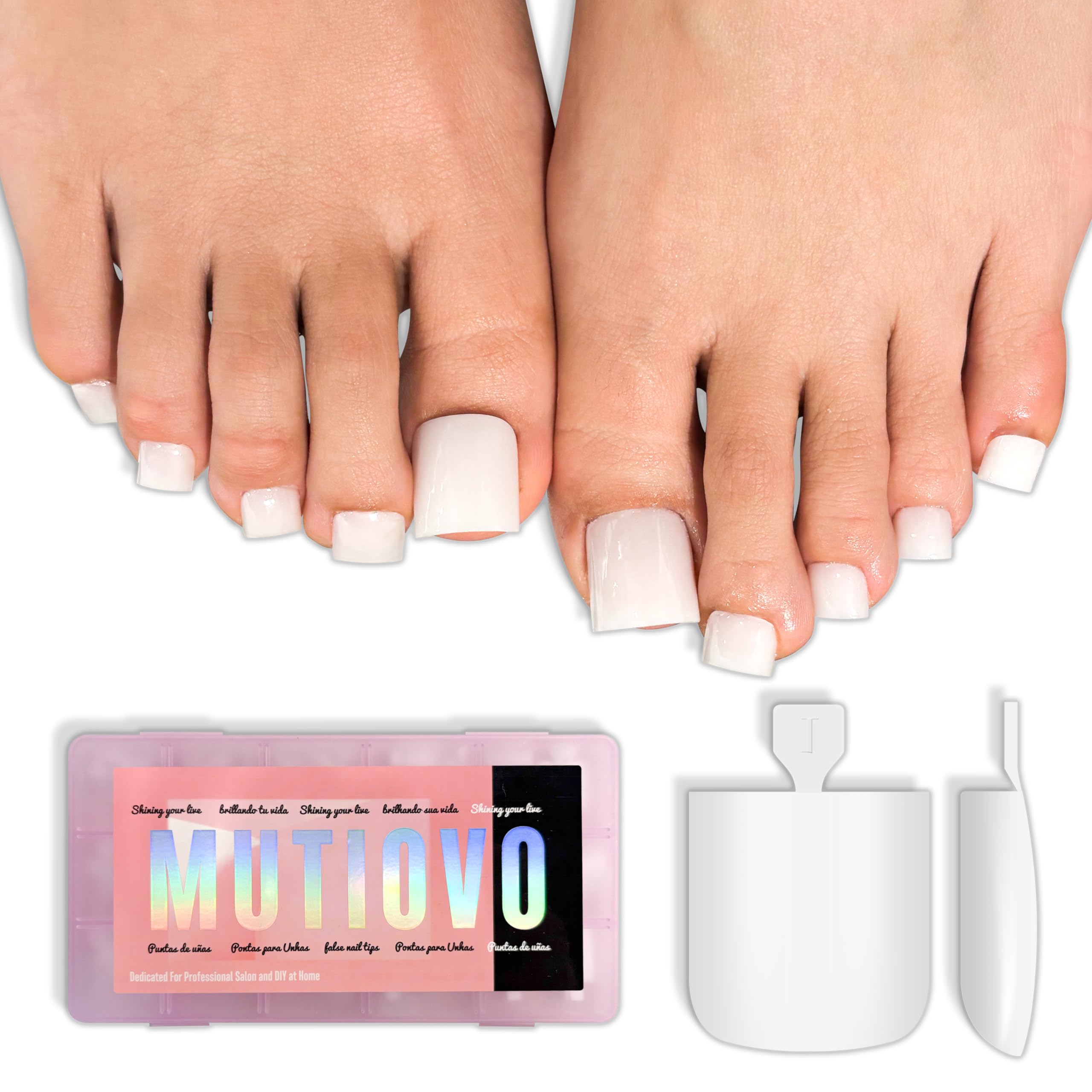 MUTIOVO Medium Square Toe Nail Tips Pure Color Cloud Dancer- 240Pcs Milky White Soft Gel False Toenails, Pre-Etched Full Cover P