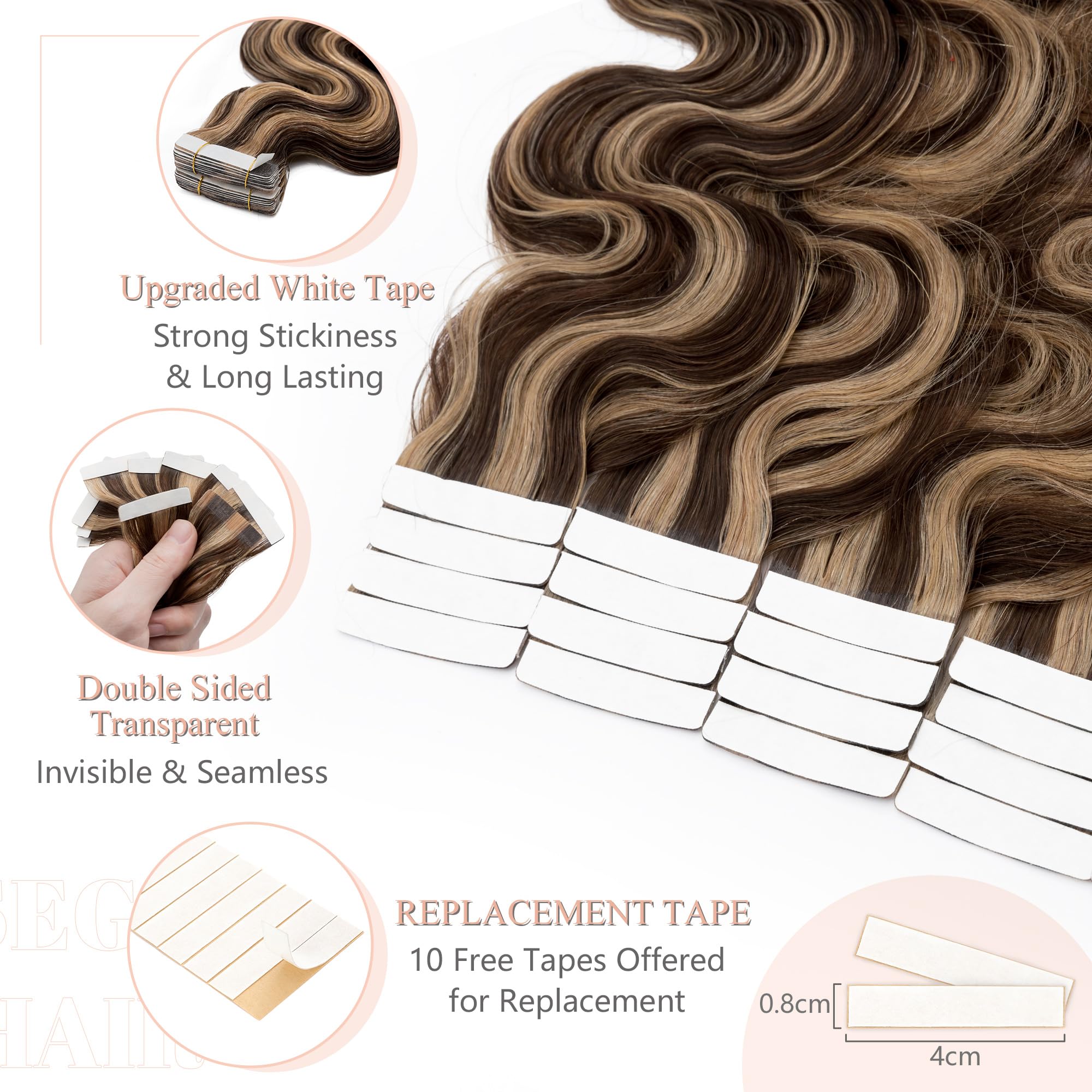 SEGO Tape in Hair Extensions Wavy 16 Inch Balayage 100% Remy Human Hair Real Seamless Skin Weft Invisible Rooted Double Sided Ta