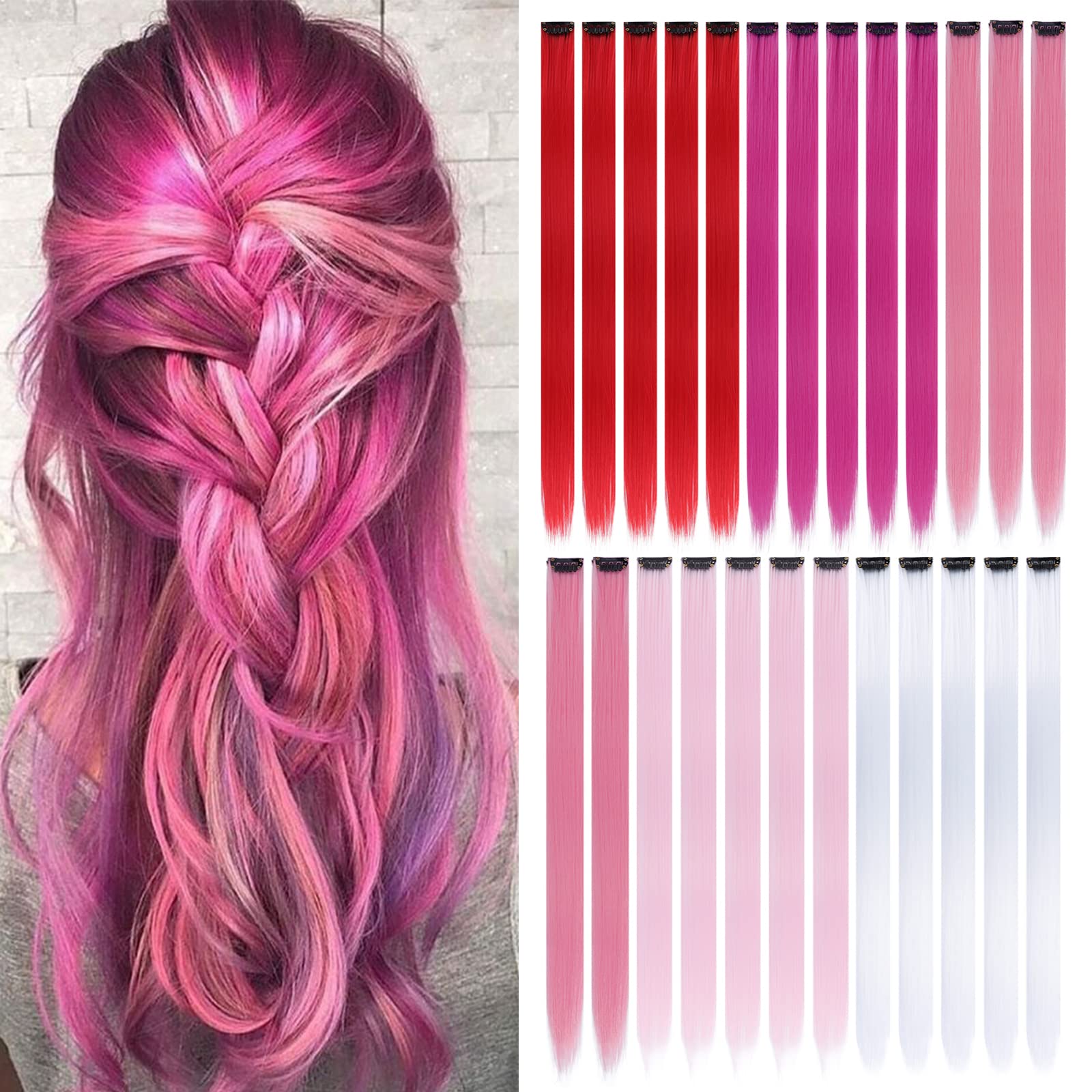 Colored Clip in Hair Extensions for Girls 25 pcs Straight Fashion Hairpieces for Party Highlights (5 warm colors,Red,Rose red,Pe