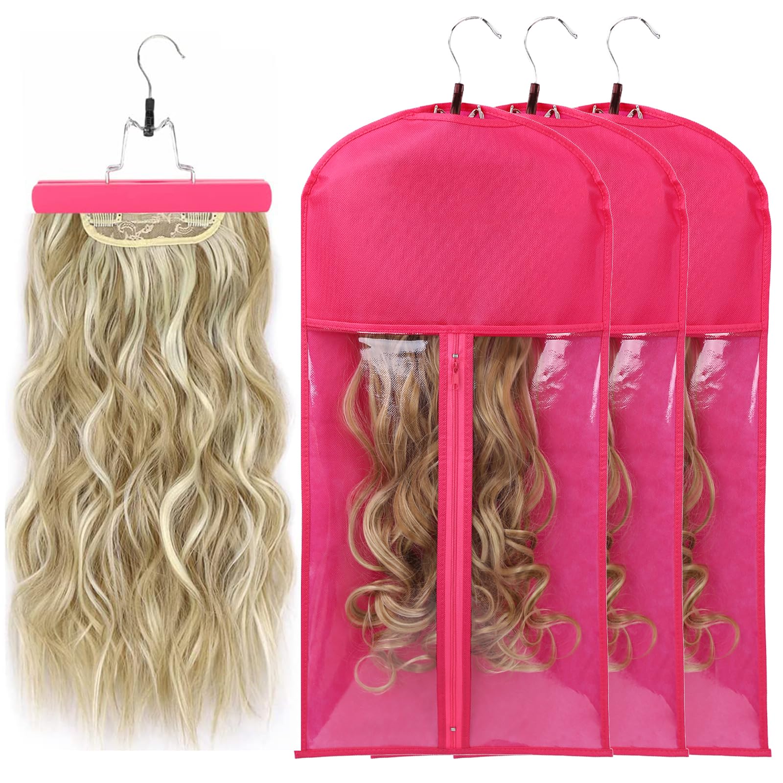 Wig Bags Storage with Hanger - 3 Packs Wig Storage for Multiple Wigs Hair Extension Storage Bag Hairpieces Storage Holder (Rose)