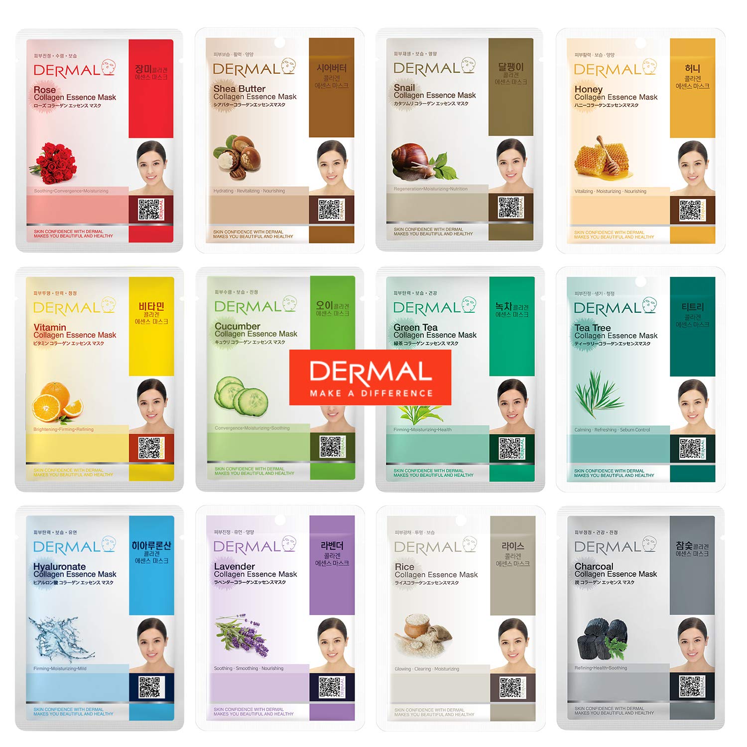 DERMAL 12 Combo Pack Collagen Essence Korean Face Mask Best Value Set - Hydrating & Soothing Facial Mask with Panthenol - Hypoal