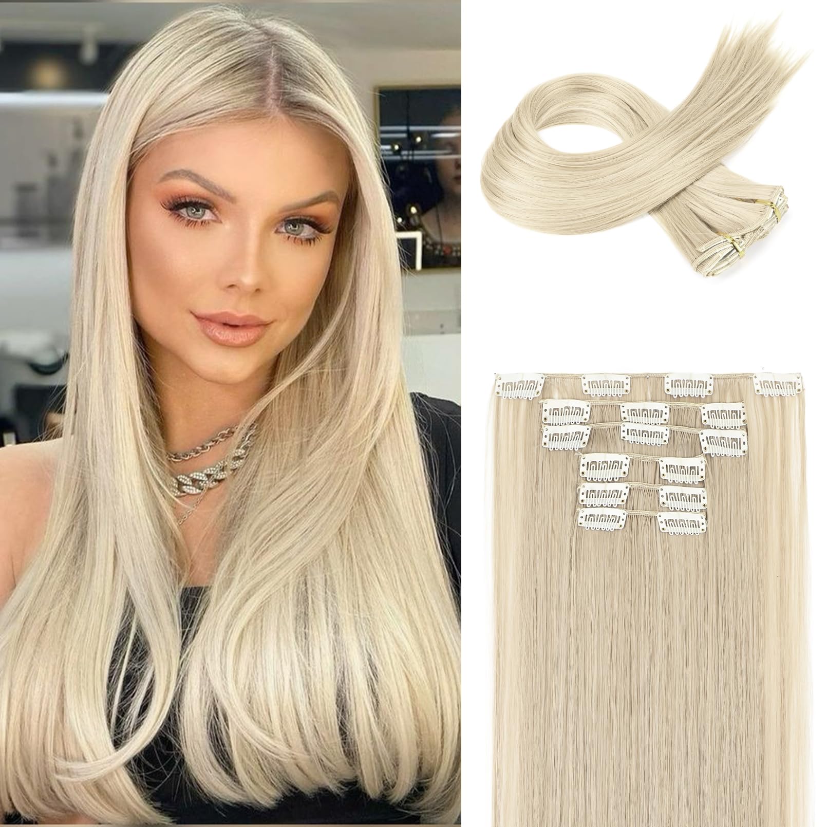 Flufymooz 6PC Clip in Hair Extensions 24'' Straight Long Extensions for Women Synthetic Hairpiece (Platinum Blonde)