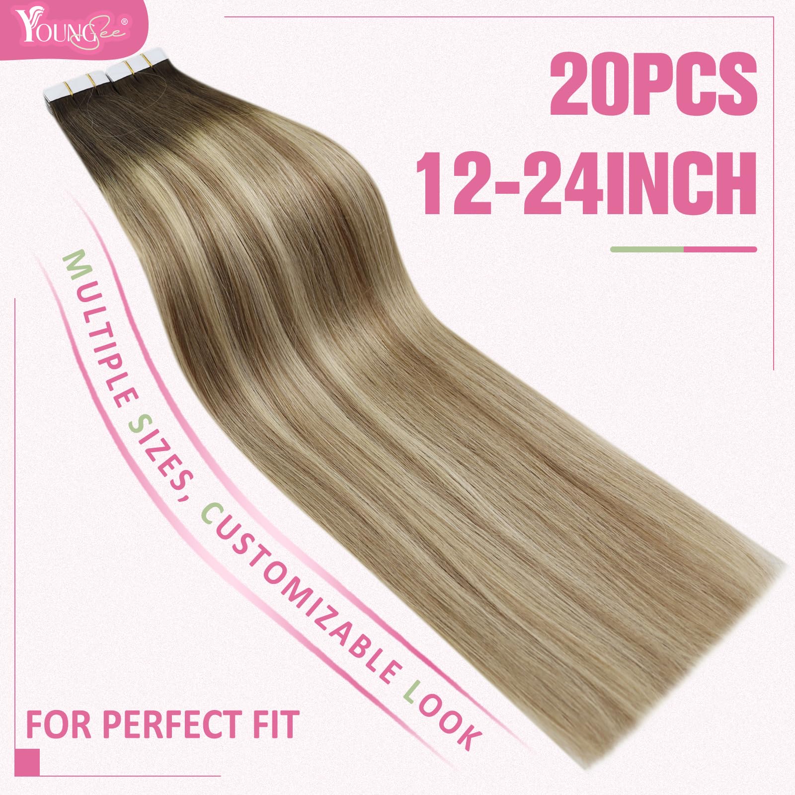 YoungSee Tape in Extensions Real Human Hair Balayage Tape in Hair Extensions Human Hair Brown Balayage Blonde Tape in Hair Exten