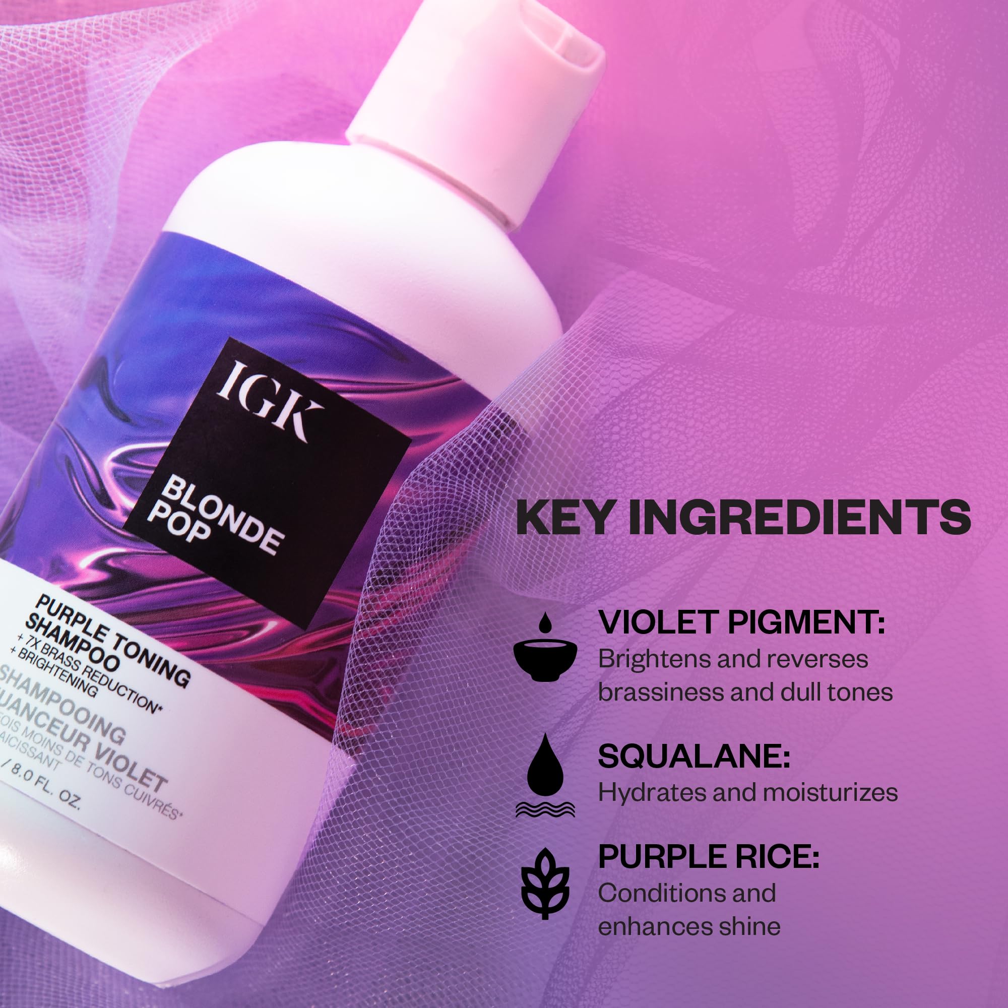 IGK BLONDE POP Purple Toning Shampoo | Brighten + Neutralize Brass | Vegan + Cruelty Free | 8 Oz