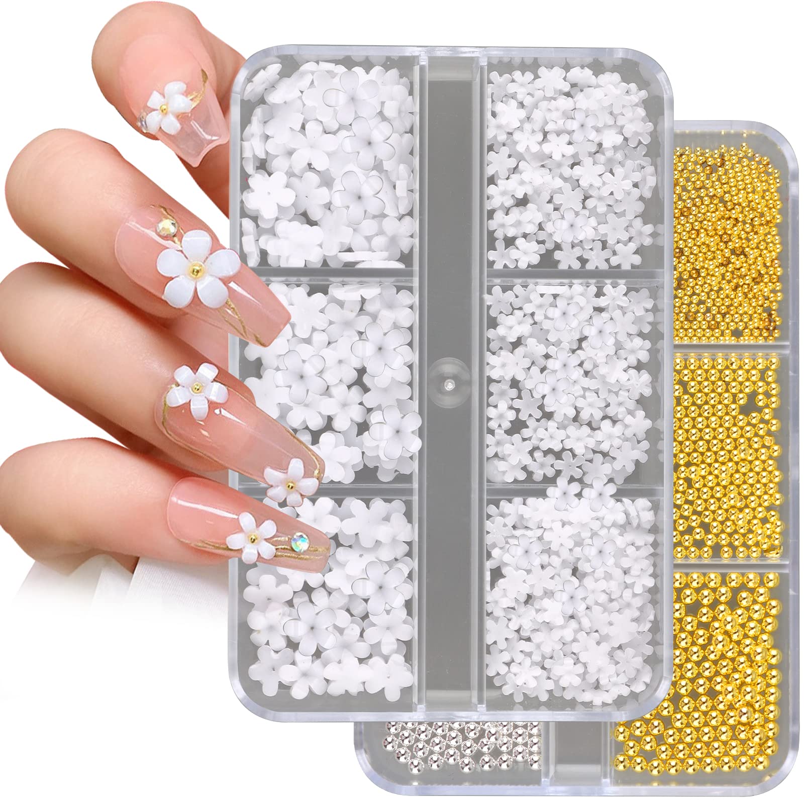 TOROKOM 3D Flower Nail Art Charms, White Acrylic Flower Rhinestones Metal Caviar Beads Nail Supplies Decorations for Women Girls