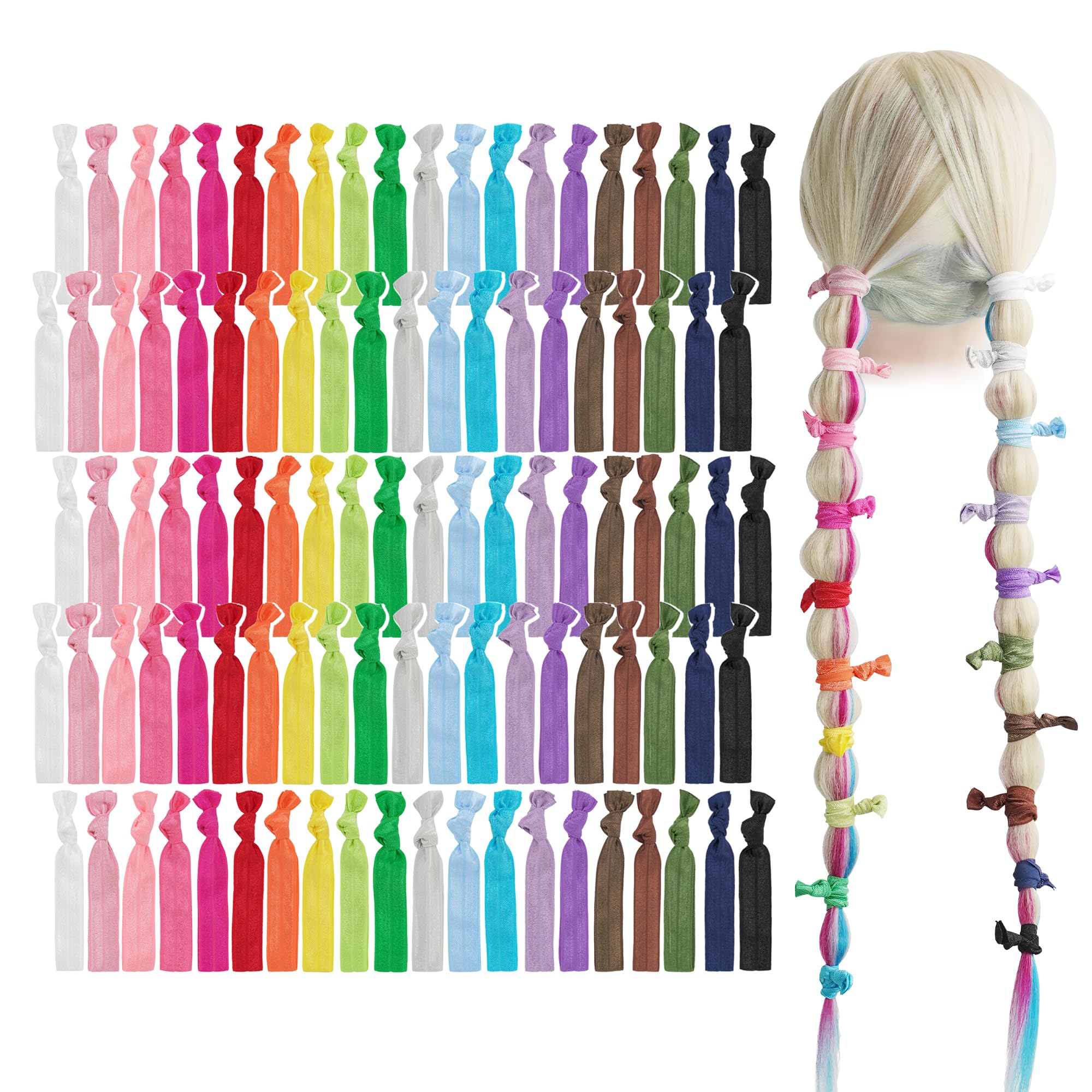 MEEDEE Rainbow Elastic Hair Ties, 100 Pack No-Crease Soft Ribbon Hair Accessories for Women, Knotted Ouchless Ponytail Holders, 