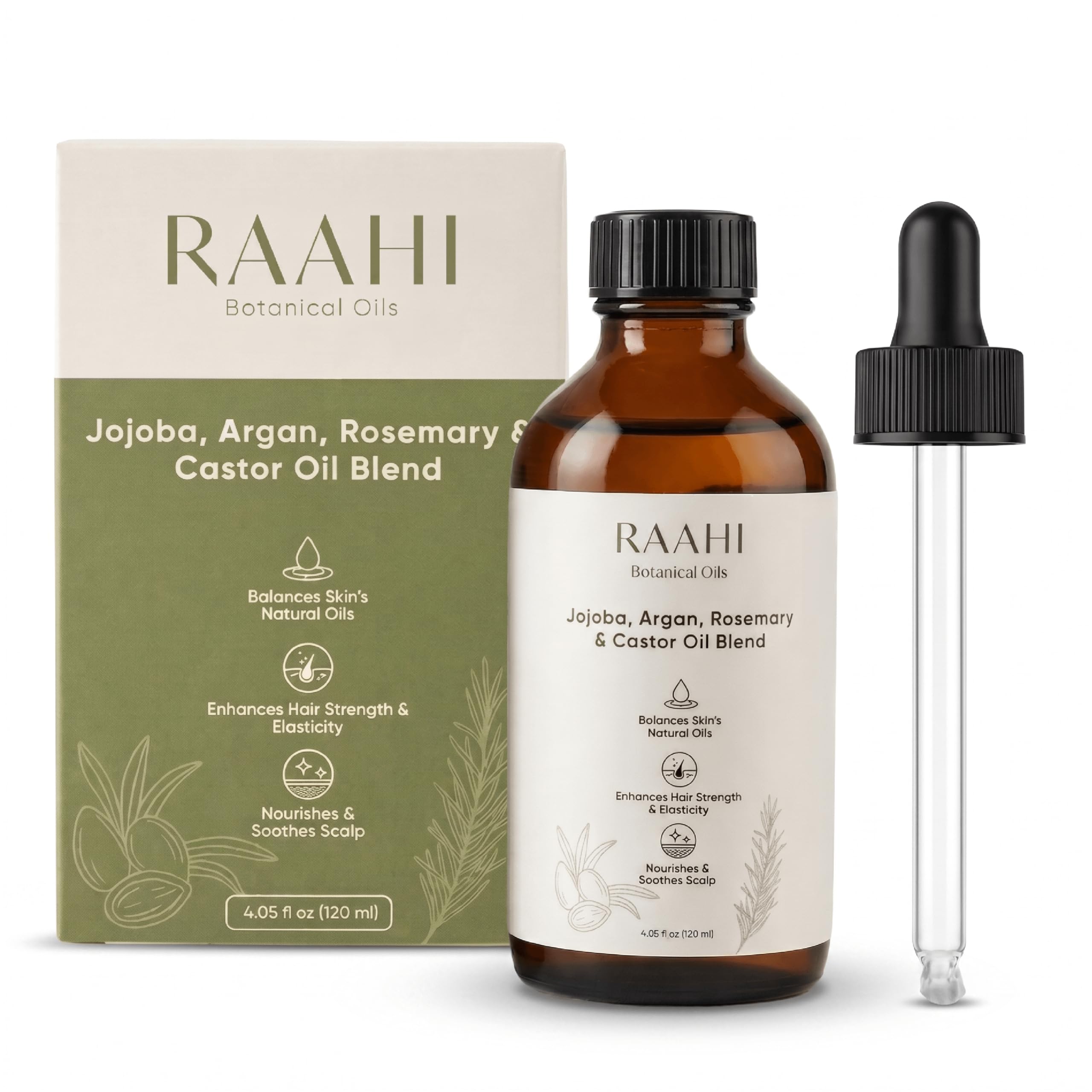 RAAHI Jojoba Oil, Argan Oil, Castor Oil and Rosemary Oil Blend for Hair and Skin, 4.05 fl oz / 120 ml, Botanical Moisturizer for