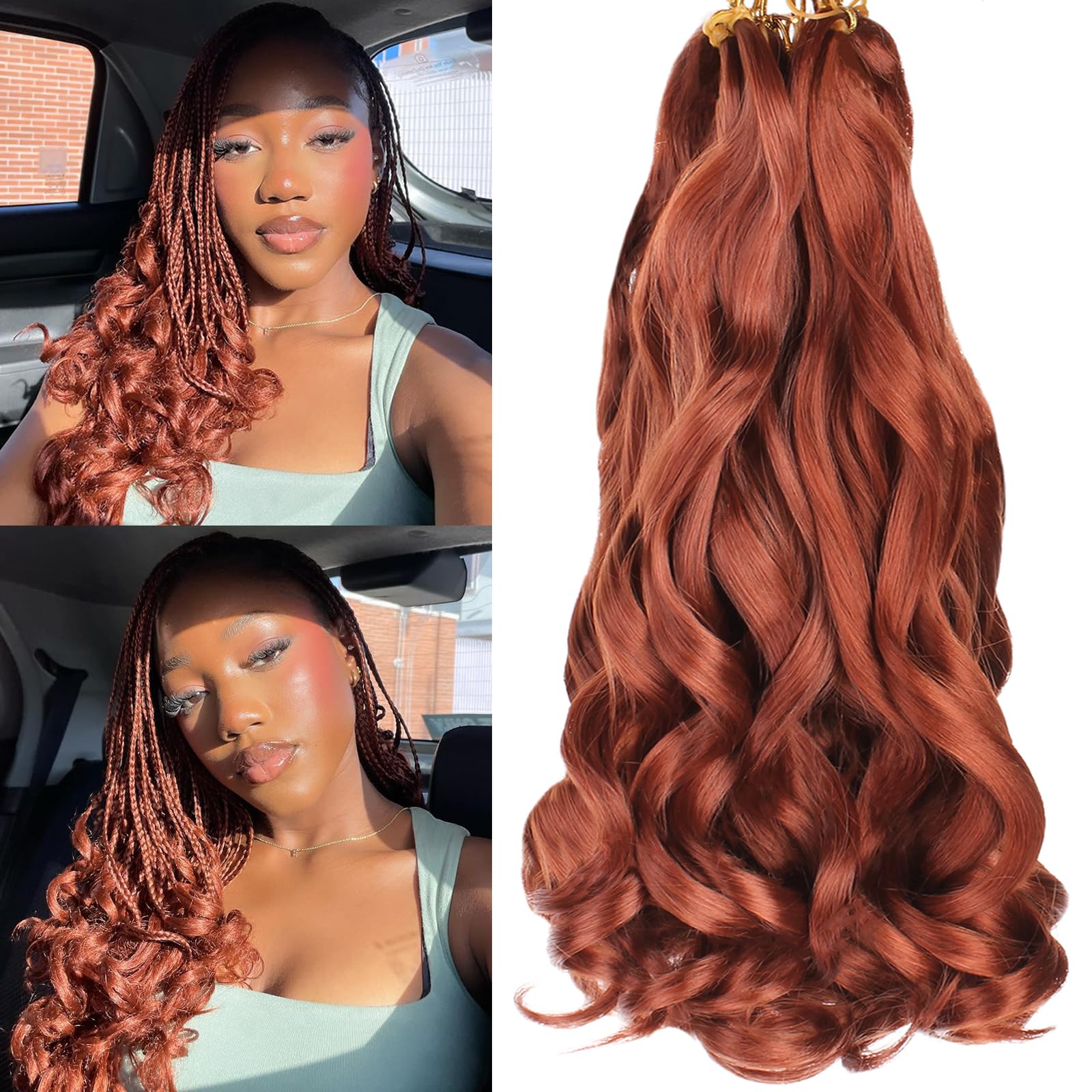 COOKOO 14 Inch 9 Packs Ginger French Curl Braiding Hair for Black Women Short Cooper Red Crochet Box Braids With Curly Wavy Ends