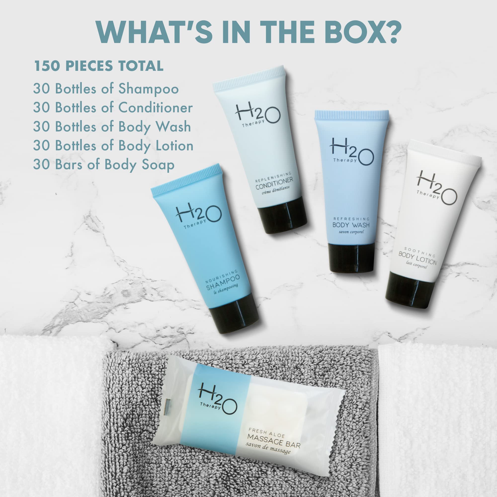 H2O Therapy Hotel Soaps And Toiletries Bulk Set  1-Shoppe All-In-Kit Amenities For Hotels & Airbnb  .85Oz Hotel Shampoo & Condit