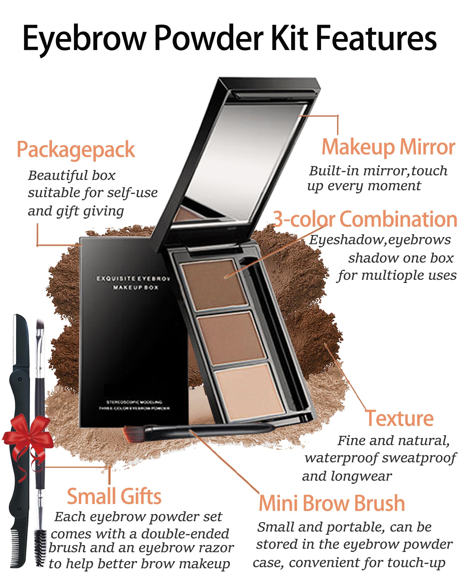 Eyebrow Powder Makeup Kit-3 Colors Eye Brow Powder Palette Long-Lasting Waterproof, Grey Brown Series Brow Filler, Fill & Sculpt