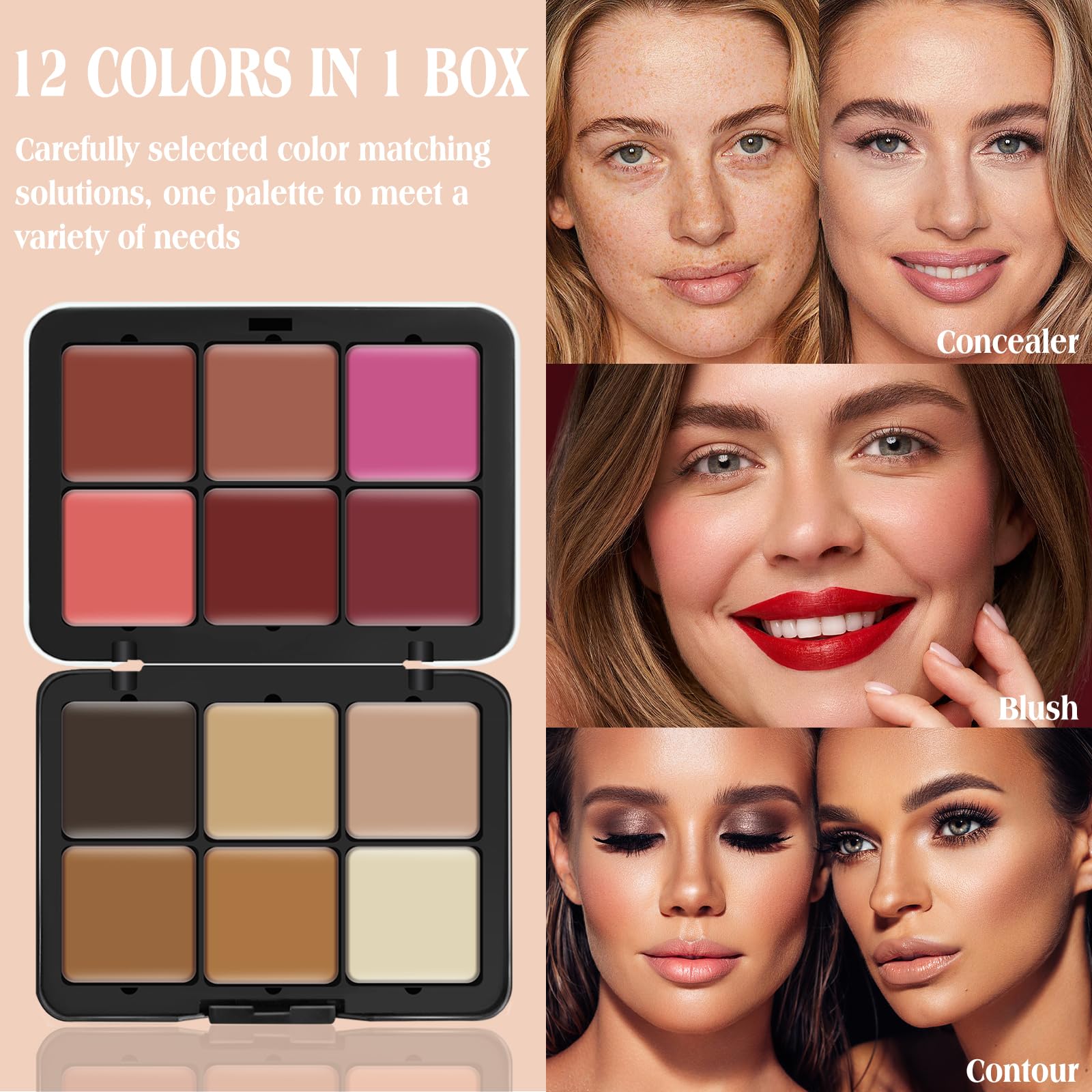 Lsxia 12 Colors Cream [Blush+Contour+Concealer] Makeup Palette For Cheeks - Multi-Functional Makeup Palette With Brush, Natural
