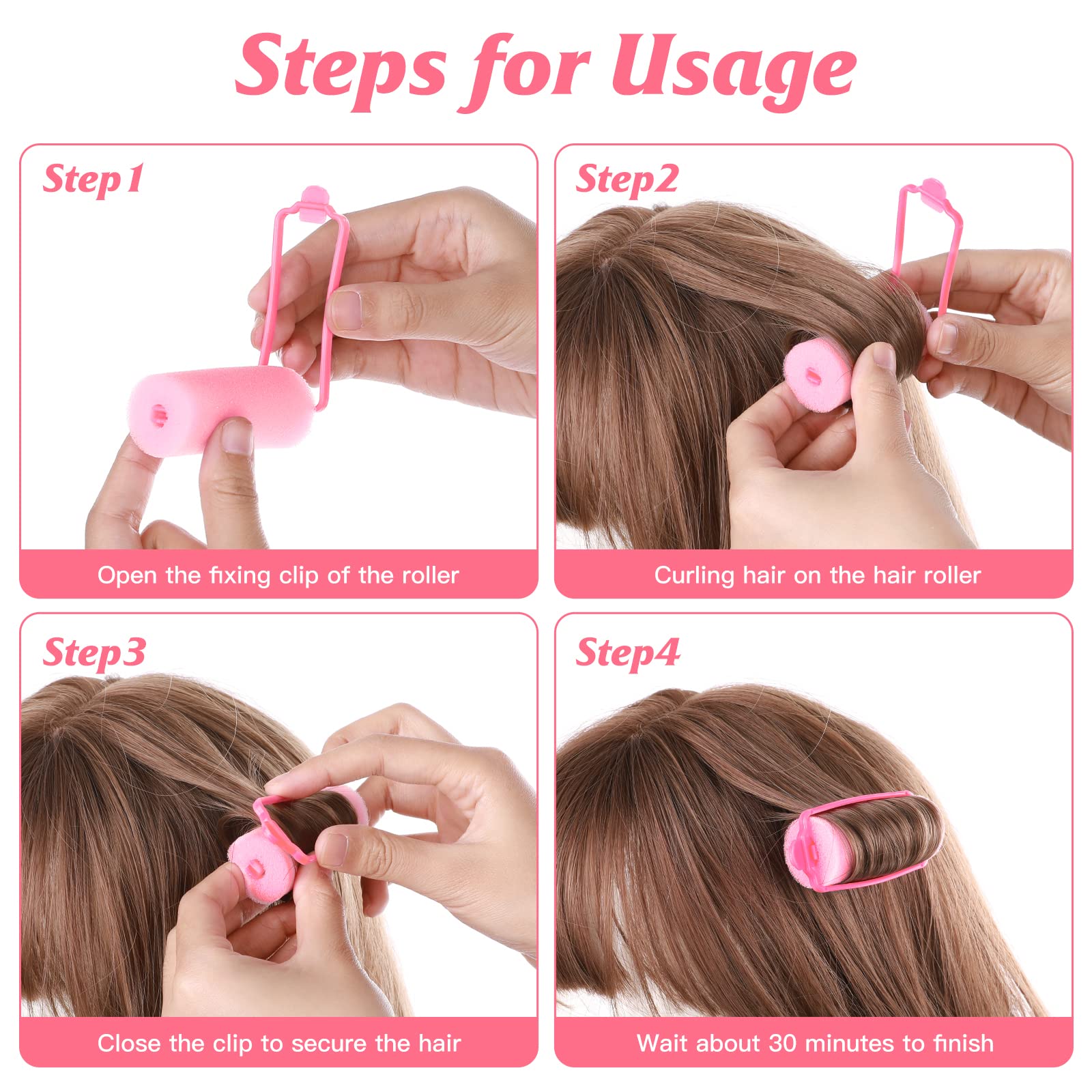 Sponge Foam Hair Rollers For Sleeping - Flexible Curlers With Tail Comb And Hairclips For Hairdressing (60 Pieces, Pink)