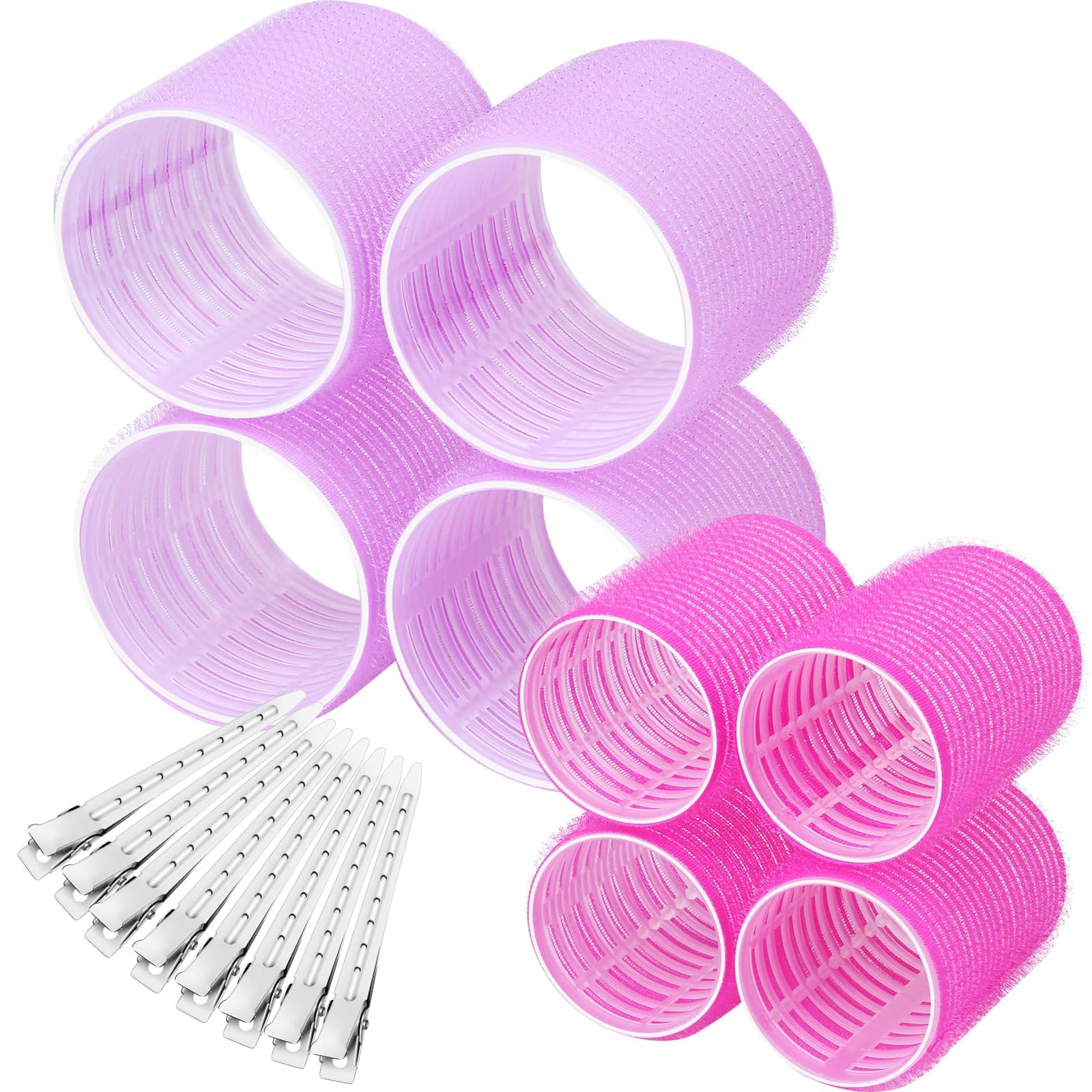 Self Grip Hair Rollers Curlers 16 Pcs Set with 8Pcs Hair Rollers 2 Sizes (4 Jumbo & 4 Large) and 8 Pcs Hair Clips for Long Mediu