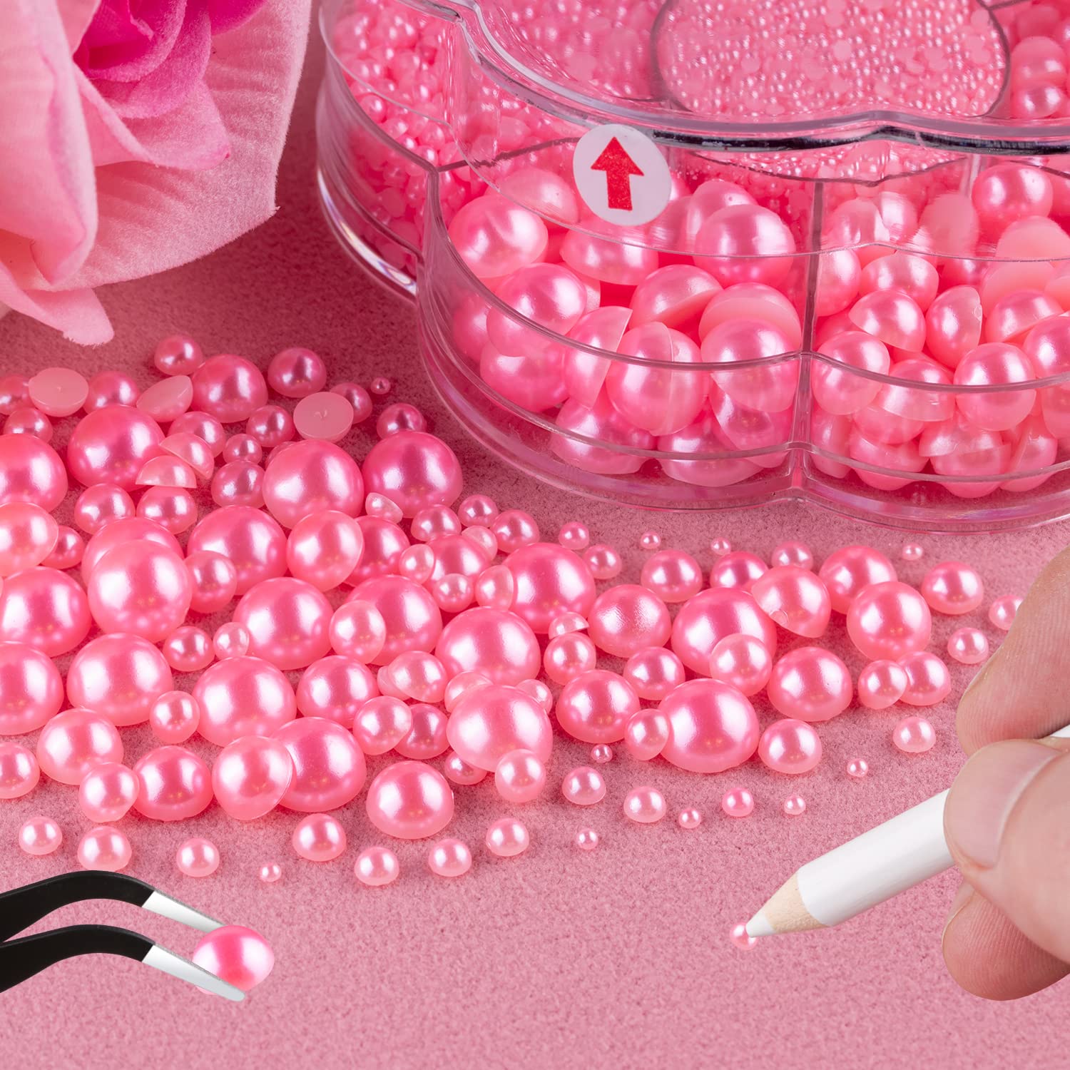 Nail Art Flat Back Half Round Pearl Kits 12, 1 Box of 5600 Pcs Flat-Back Pink Pearl with Tweezer and Picker Pencil for Home DIY