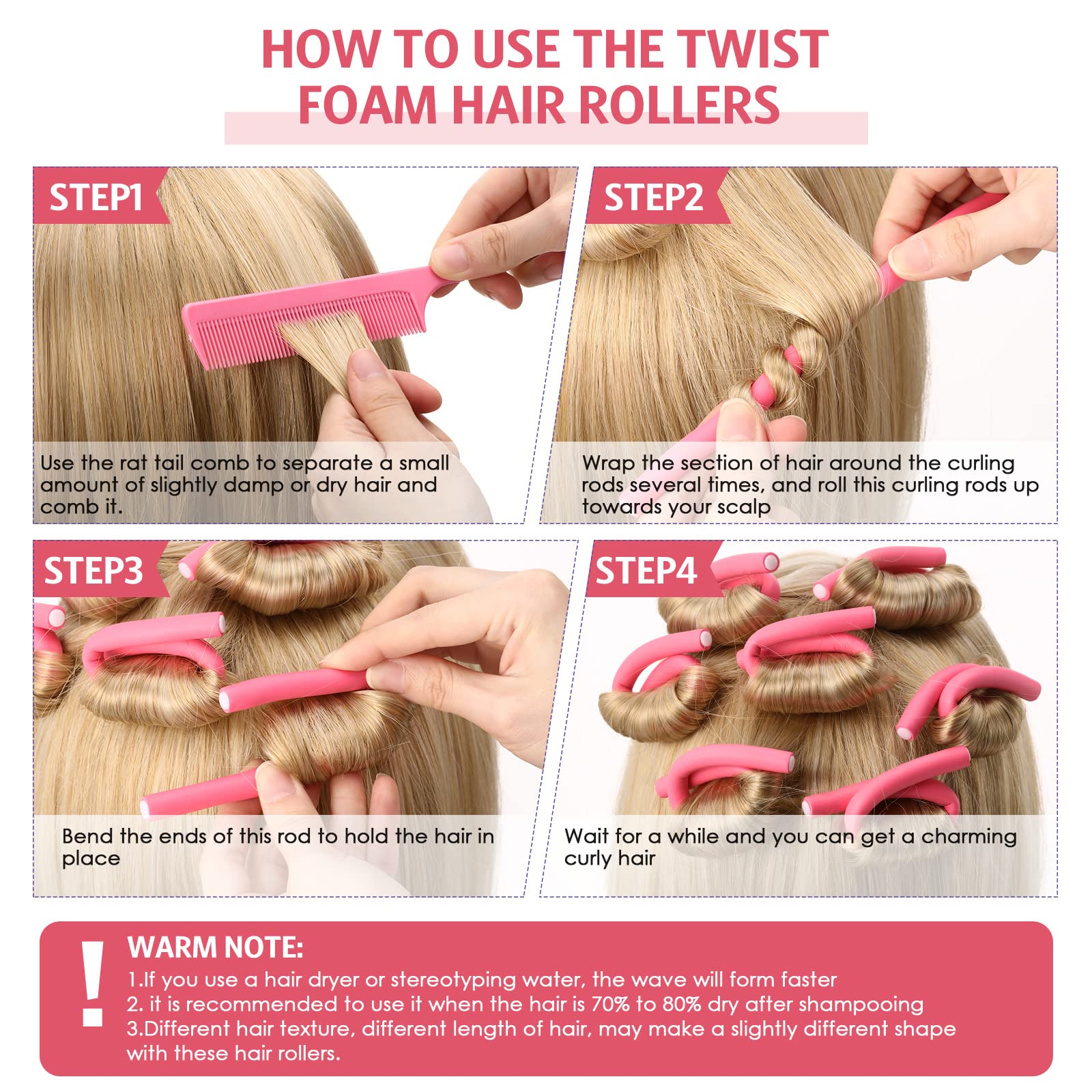 20 Pieces Flexible Curling Rods Twist Foam Hair Rollers Soft Foam No Heat Hair Rods Rollers Curlers and Steel Pintail Comb Rat T