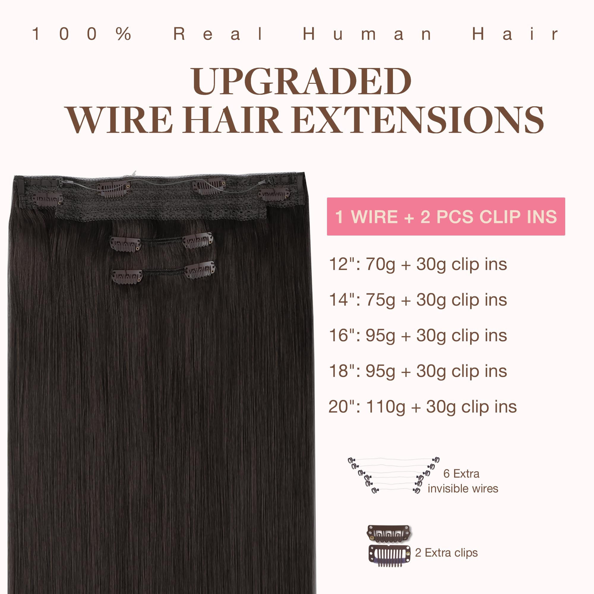 Goo Goo Wire Hair Extensions Human Hair, 2 Dark Brown Natural 18Inch 125G, Invisible Wire Hair Extensions With Transparent, Seam
