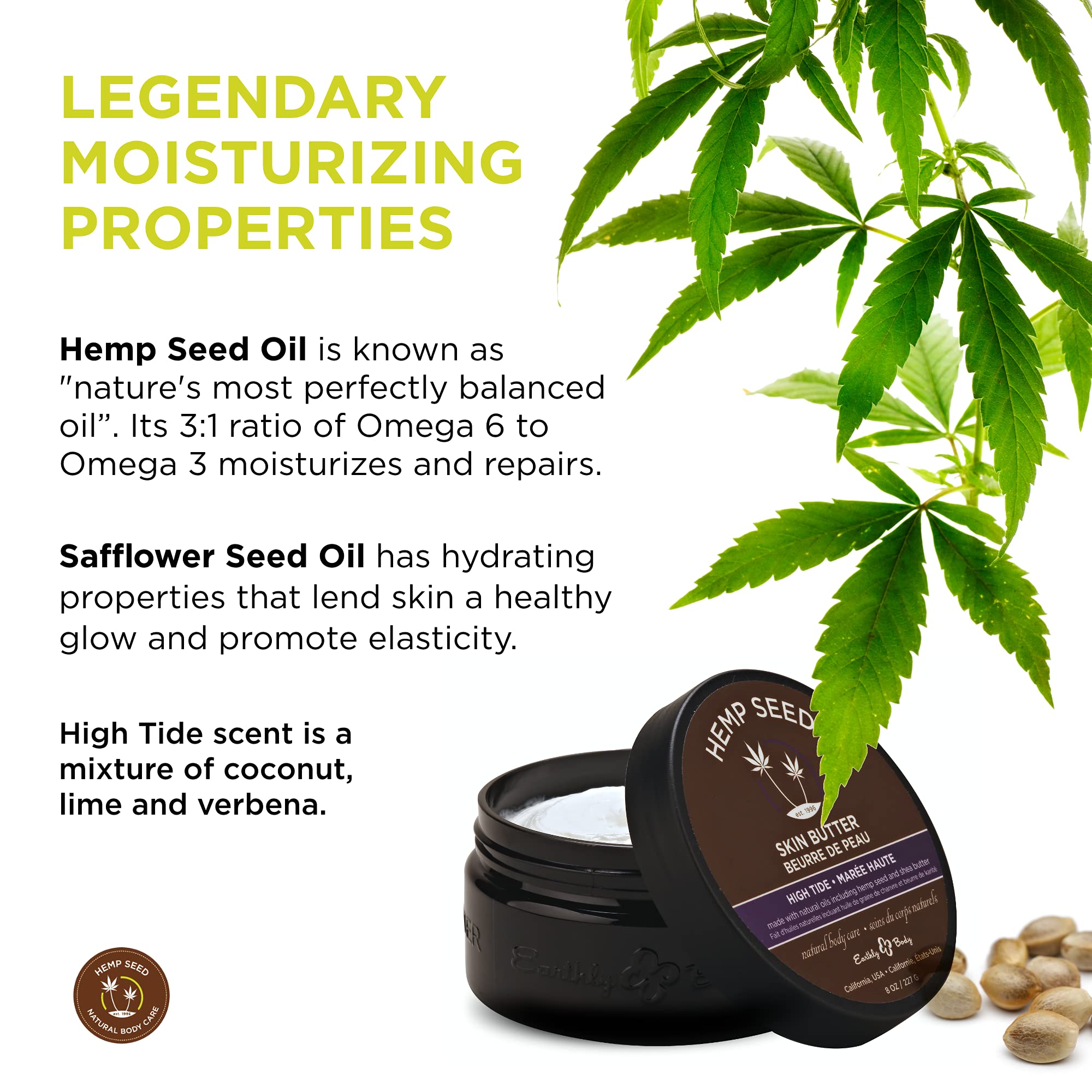 Hemp Seed Skin Butter, High Tide - 8 oz. - Total Body Moisturizer - Hemp Seed Oil, Jojoba Oil, Shea Butter - Vegan & Cruelty Fre