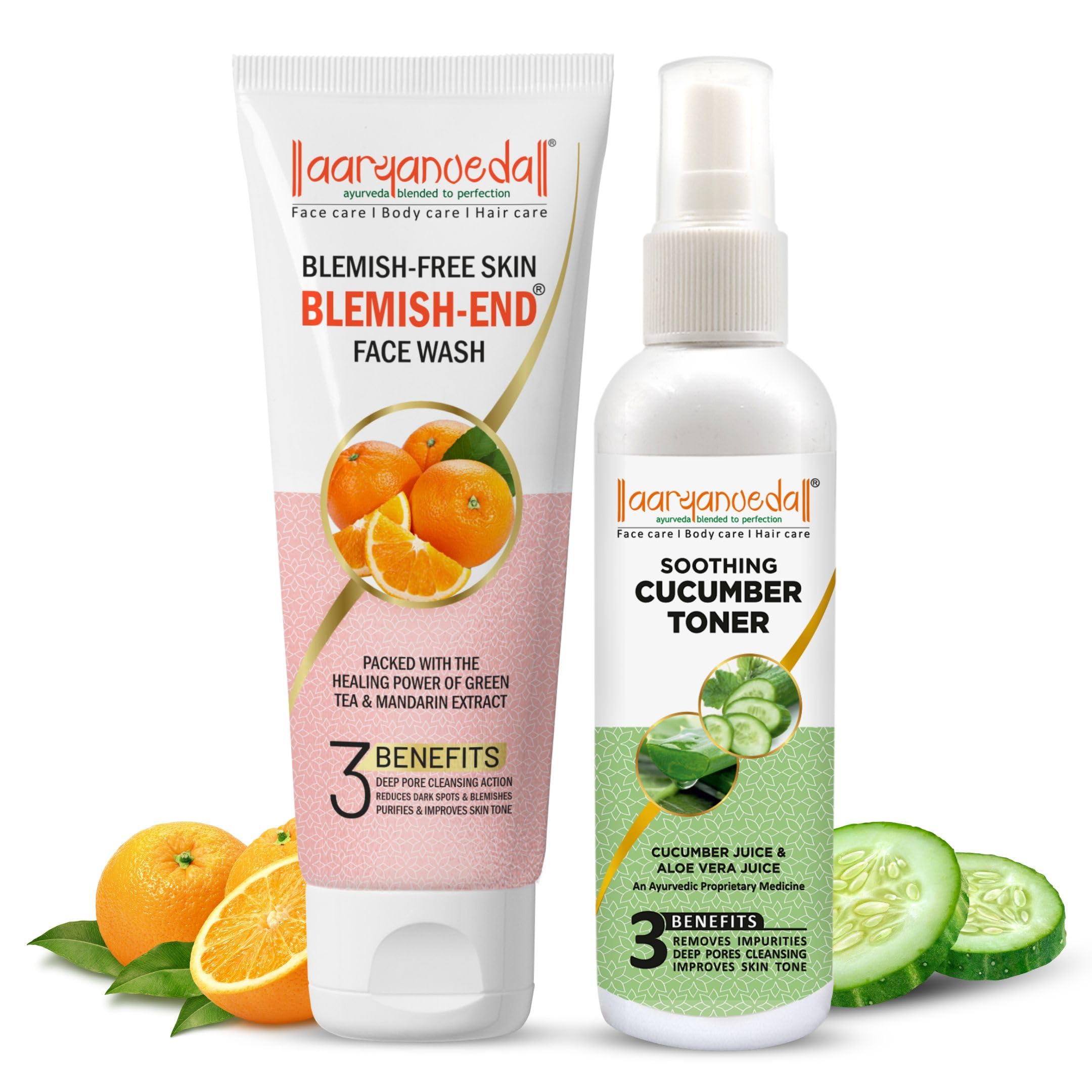 Aryanveda Cucumber Toner (100Ml) & Blemished Face Wash (100Ml) Combo - Refreshing Toner & Deep Cleansing Face Wash For Clear, Gl