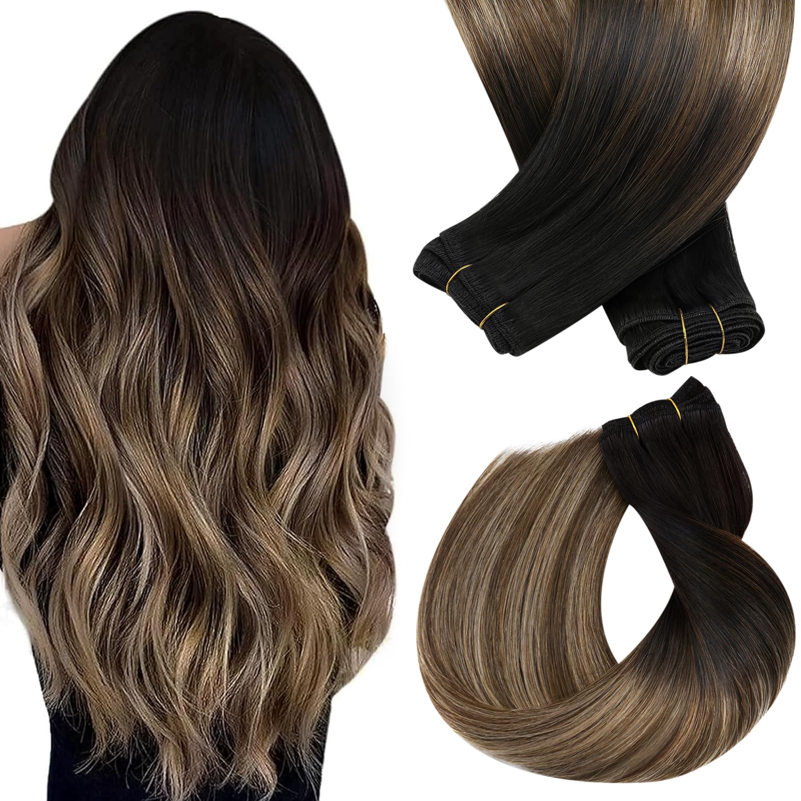 Sunny Hair Sew in Hair Extensions Real Human Hair Ombre Weft Hair Extensions Human Hair Black Roots to Dark Brown Balayage Blond