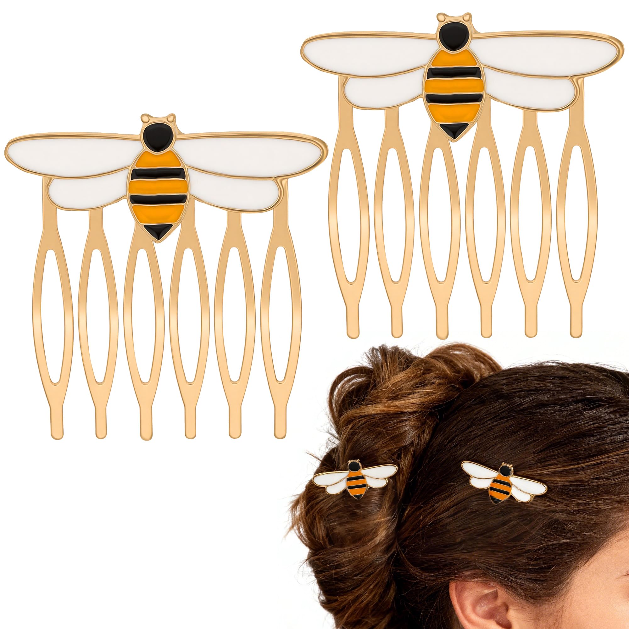 SHIDOW Honey Bee Decorative Side Combs, 2 Pack Gold Enamel Metal Forks, Stylish Pins, Daily Wear Ornaments for Ladies with Thin 
