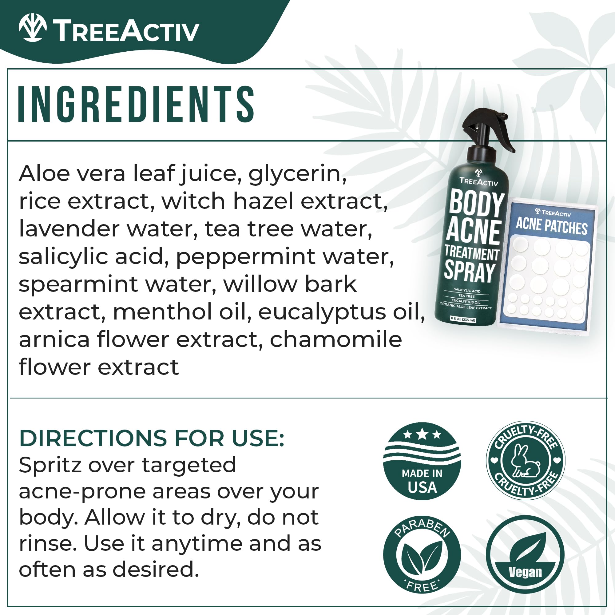 Treeactiv Body Acne Treatment Spray, 8 Fl Oz, 2% Salicylic Acid Spray For Body, Back Acne Treatment Spray With Tea Tree Oil And