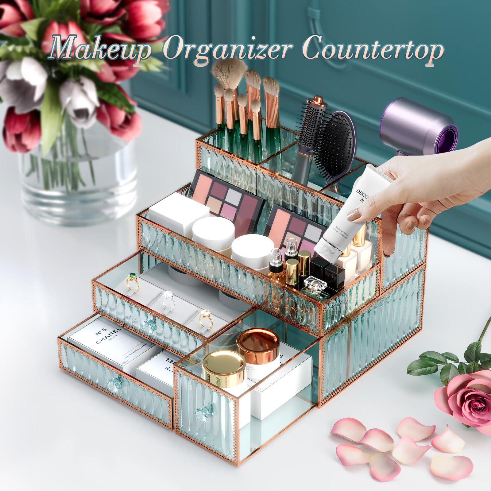 Youdepot Makeup Organizer Countertop - Tempered Glass Vanity Organizer For Cosmetics, Skincare, Hair Tools, Brushes, Perfume - M