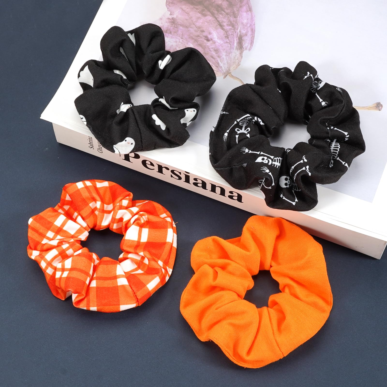 Halloween Hair Scrunchies for Women Girls Spooky Ghost Skull Skeleton Hair Ties Fall Orange Plaid Hair Accessories Gifts Hair Ti