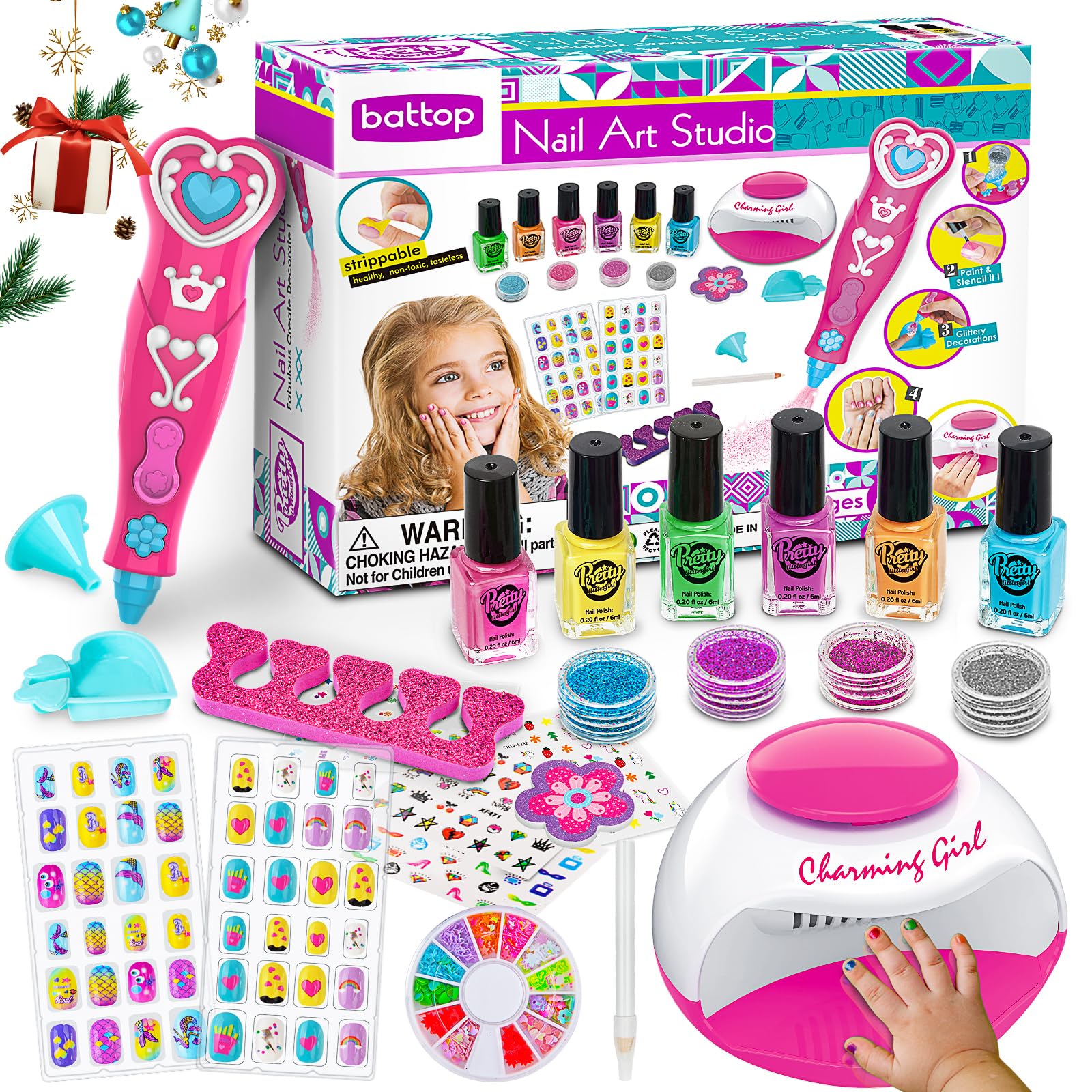 BATTOP Kids Nail Polish Set for Girls, Nail Art Kits with Nail Dryer & Glitter Pen, Quick Dry & Peel Off & Non-Toxic Nail Polish