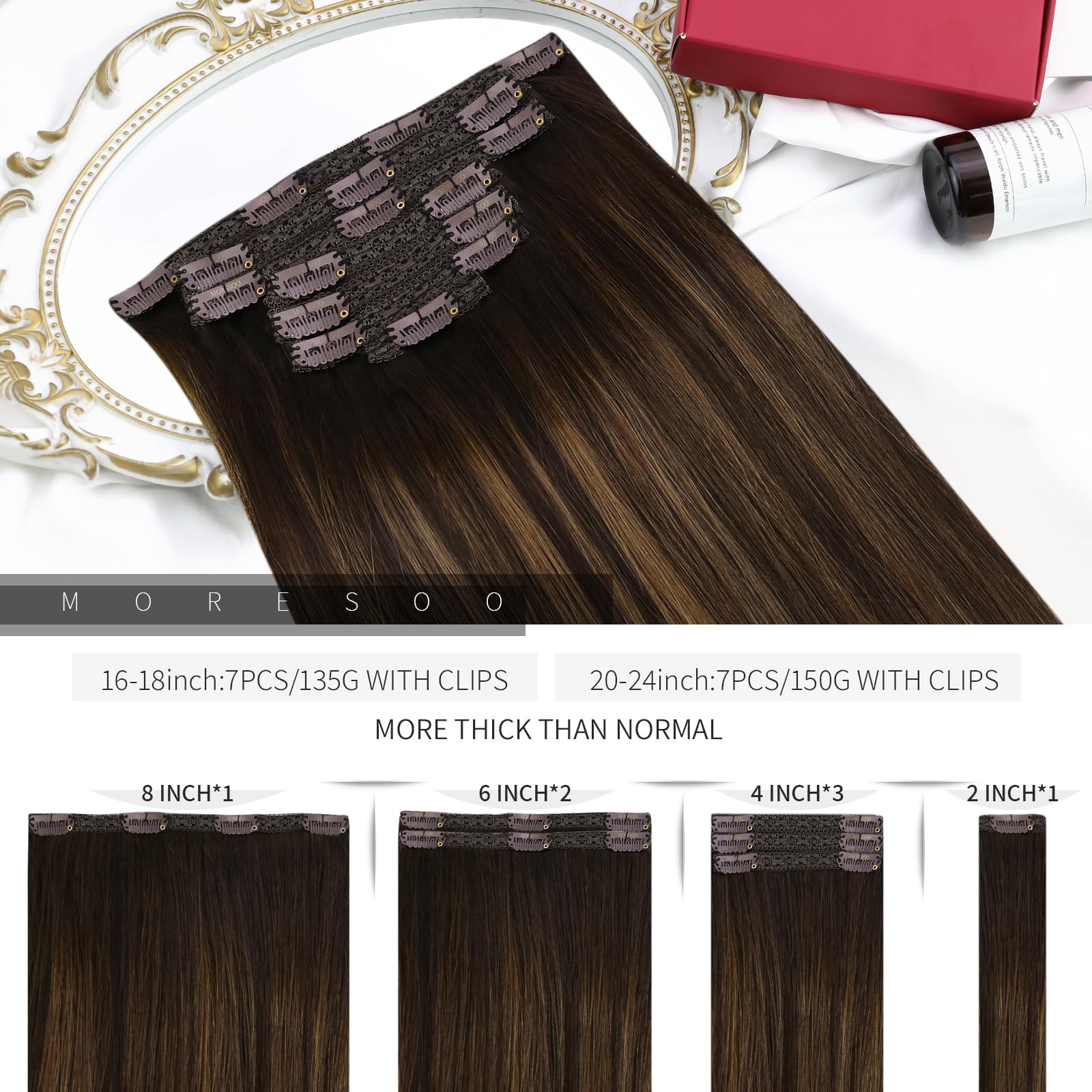 Moresoo Clip On Hair Extensions Human Hair Ombre Clip In Extensions Human Hair Darkest Brown Mixed With Chestnut Brown Balayage