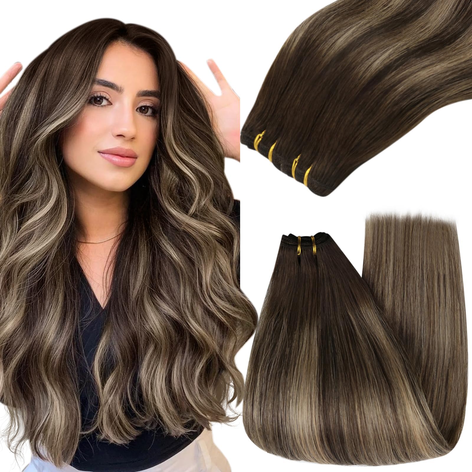 YoungSee 130G Weft Hair Extensions 24 inch Balayage Sew in Human Hair Extensions Dark Brown Fading to Caramel Blonde Mix Brown B