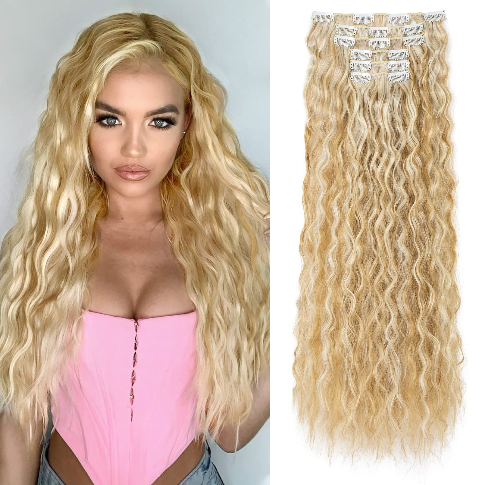 LONAI Clip In Hair Extensions, 6PCS Curly 24'' Long Synthetic Clip On Hairpiece For Women Dark Blonde with Highlights