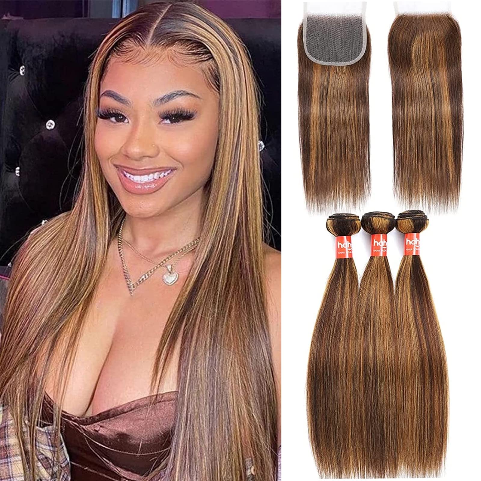 HaHa 4/27 Highlight Blonde Bundles with Closure Human Hair Straight Ombre Bundles with Closure Brazilian Virgin Hair Weave Bundl