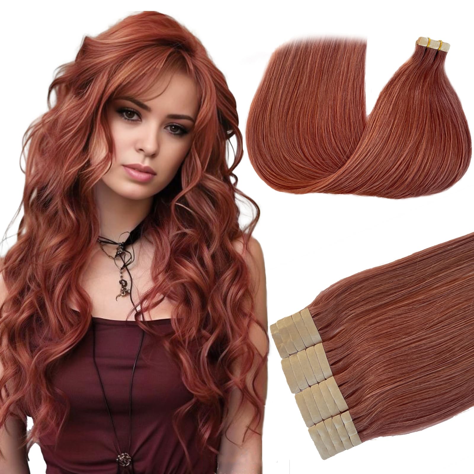 Tape In Hair Extension 16Inch 100% Real Human Hair Tape In Extension For Women #14 Auburn Color Skin Weft Pu Tape In Extensions