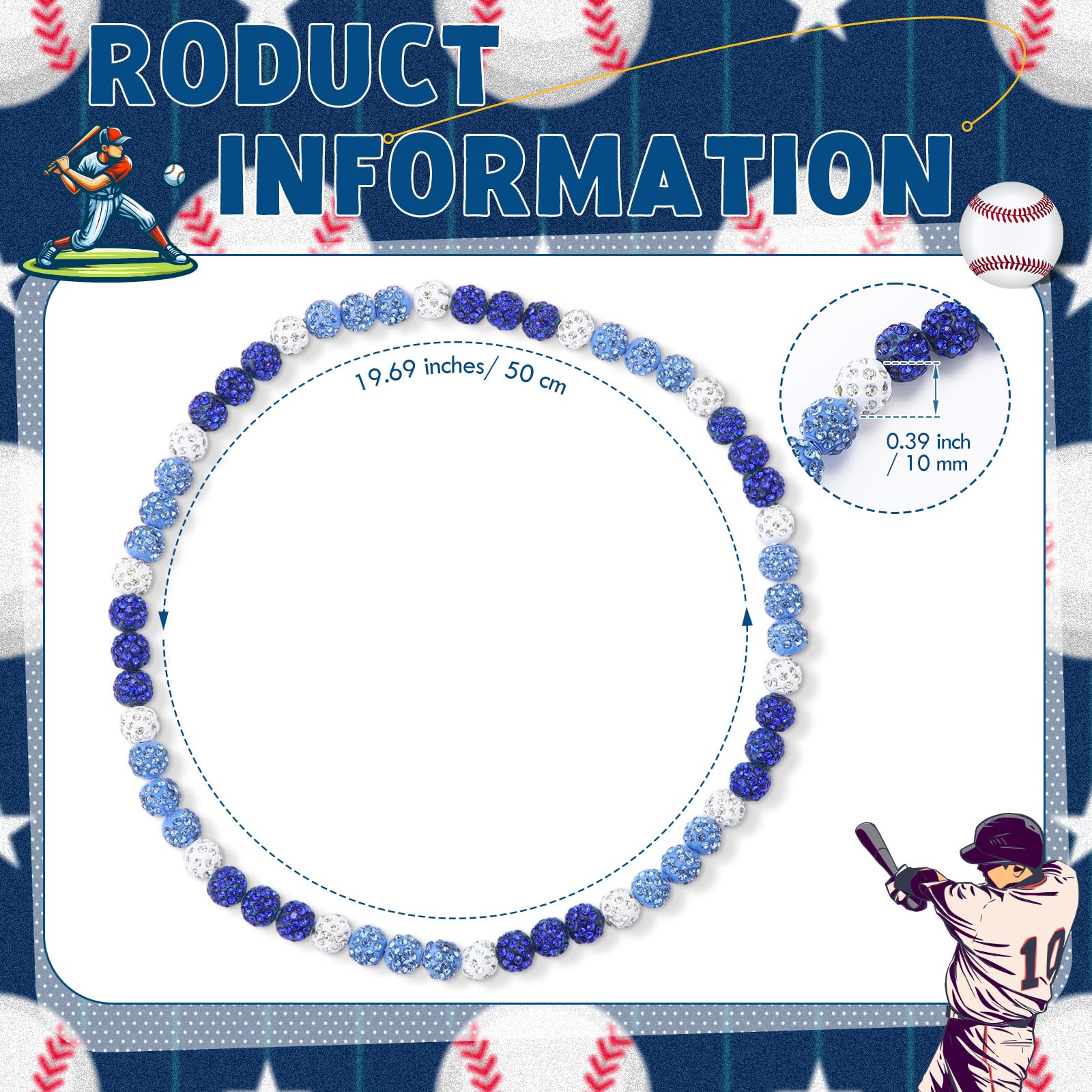Liliaafar 6 Pcs Baseball Beaded Necklace for Teenager Bling Rhinestone Clay Beaded Necklace Gifts for Sports Team Fans(Blue, Whi