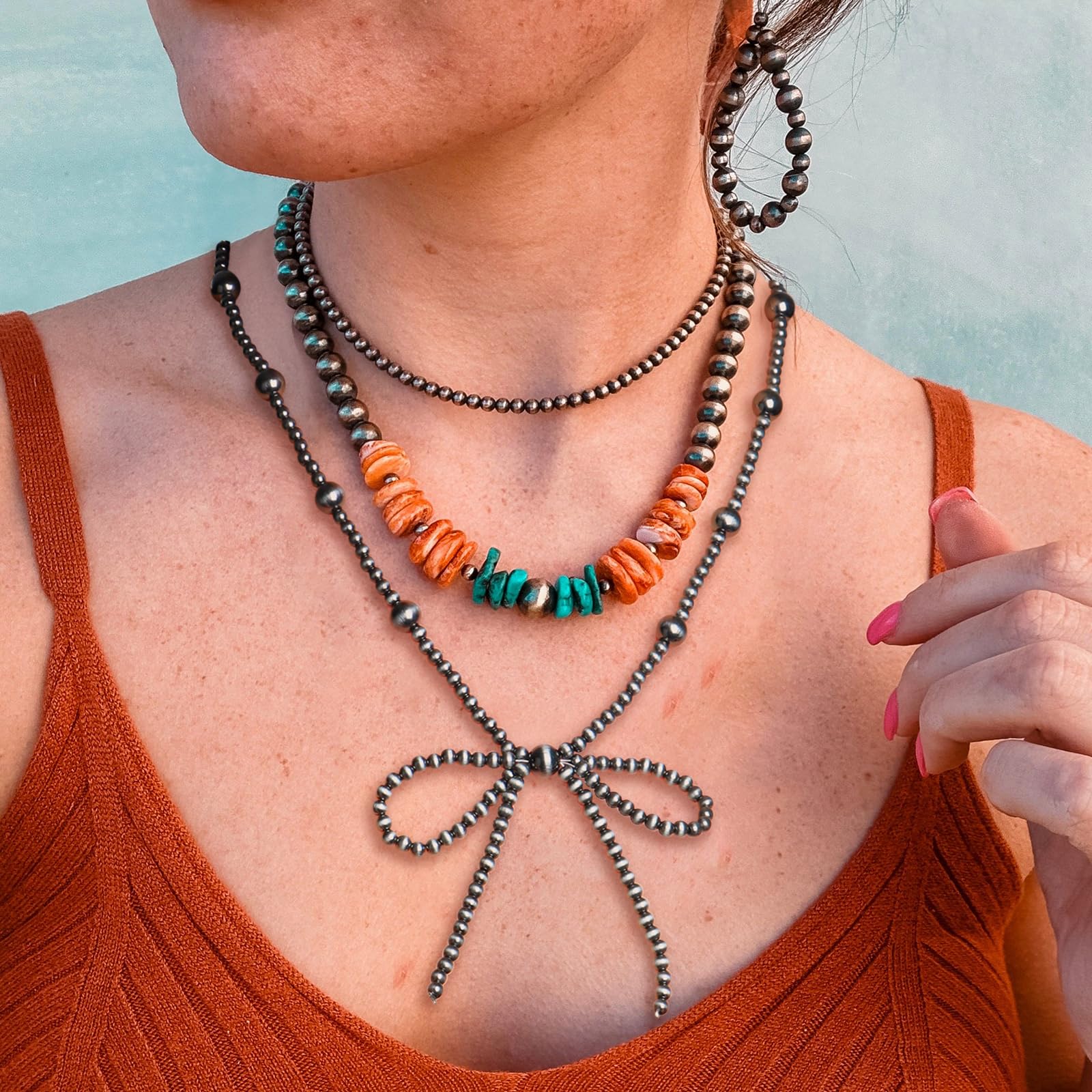 Navajo Pearl Bow Necklace Western Jewelry for Women Cowgirl Turquoise Necklaces Jewelry (4)