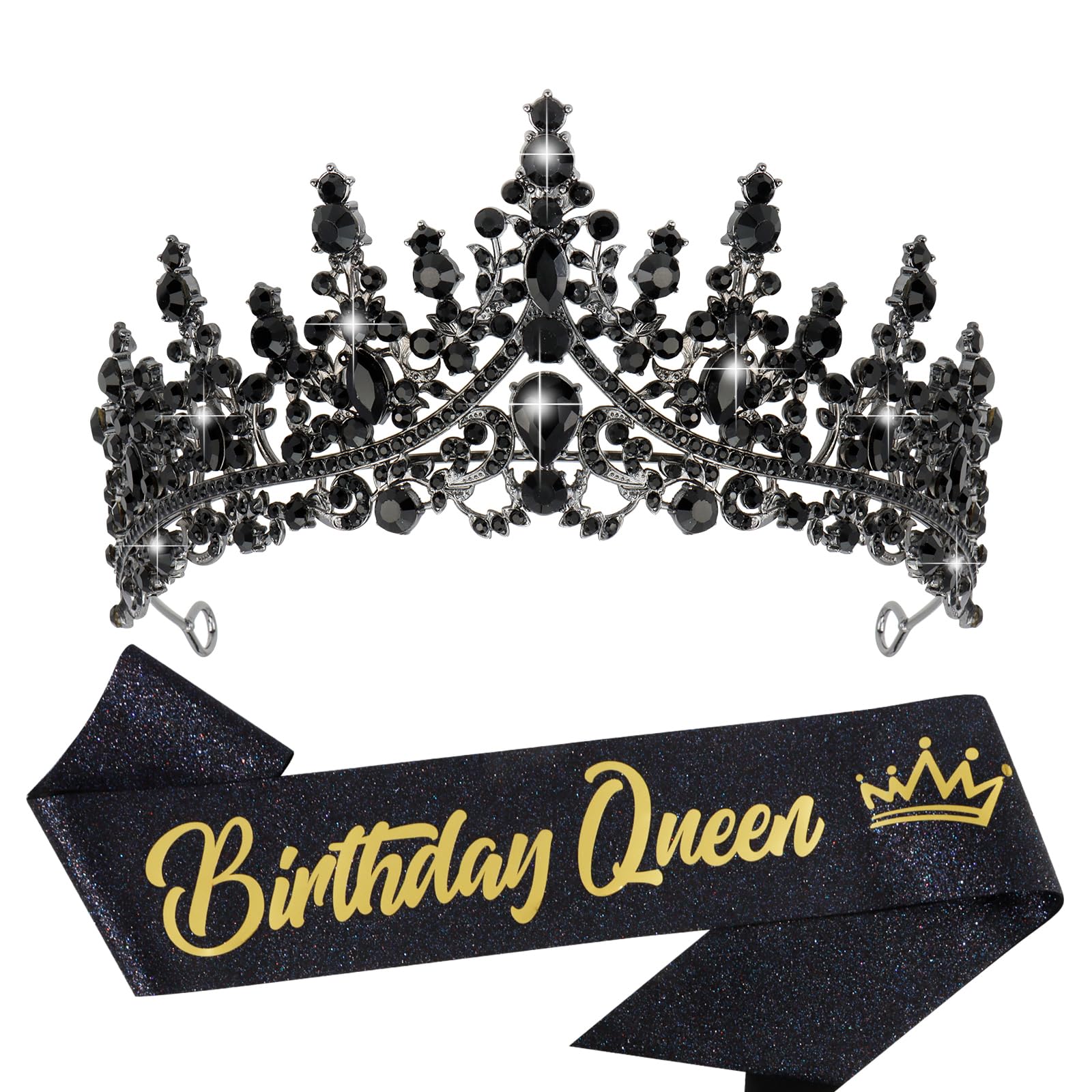 VELSCRUN Birthday Queen Tiara Crowns for Women Girls Black Crystal Birthday Queen Headband Sash Elegant Princess Crown Happy Bir