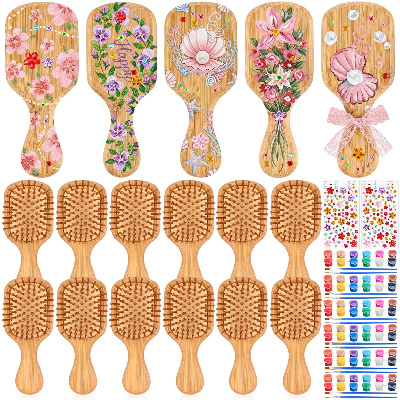 Weysat 18 Set DIY Wooden Hairbrush Painting Kits Paint Your Own Hair Brush with Paint Brush Sticker Mini Travel Detangling Hairb