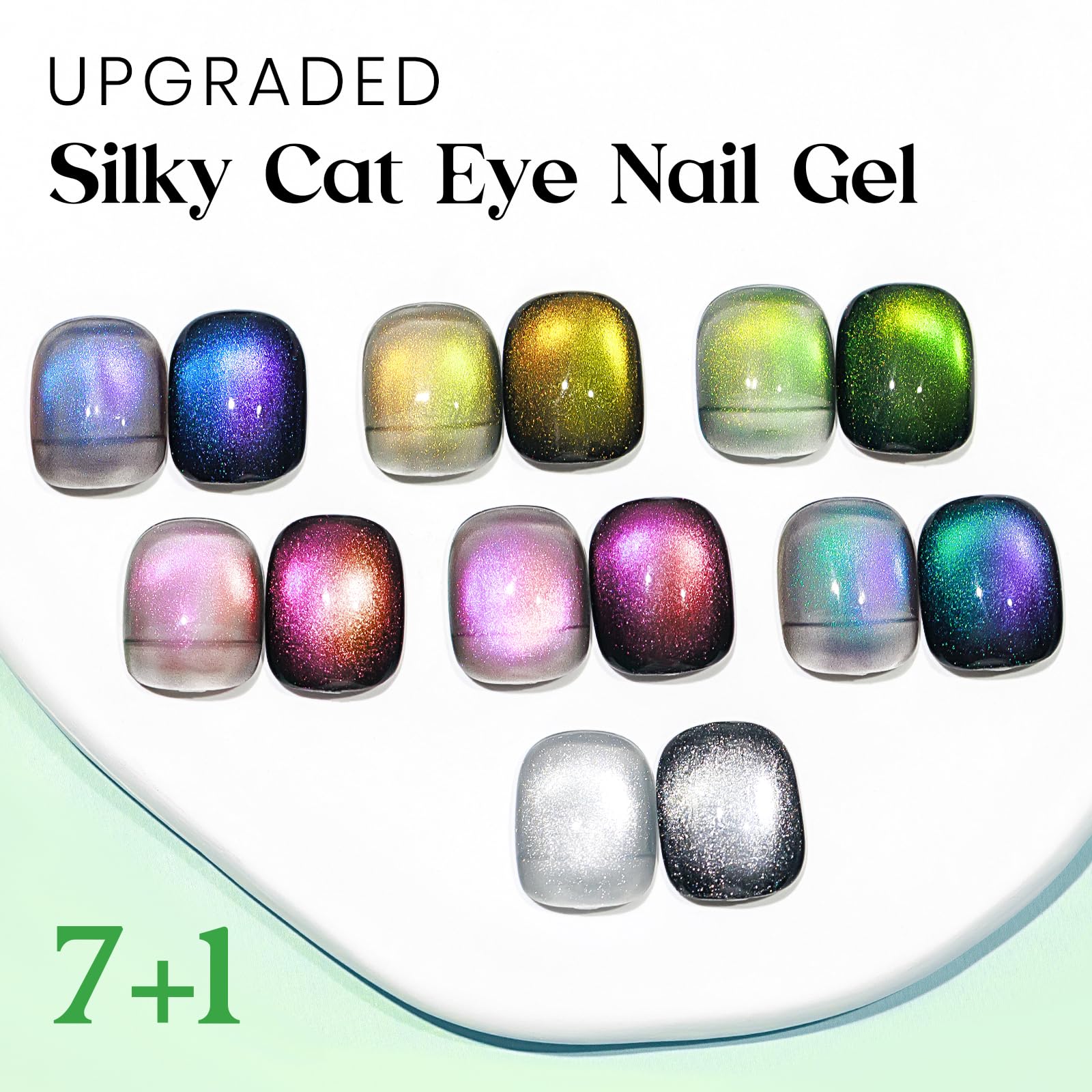 Mizhse Cat Eye Gel Nail Polish, 8 Colors Magnetic Gel Polish Set With Magnet Stick, Chameleon High Gloss Spring Colors Green Yel