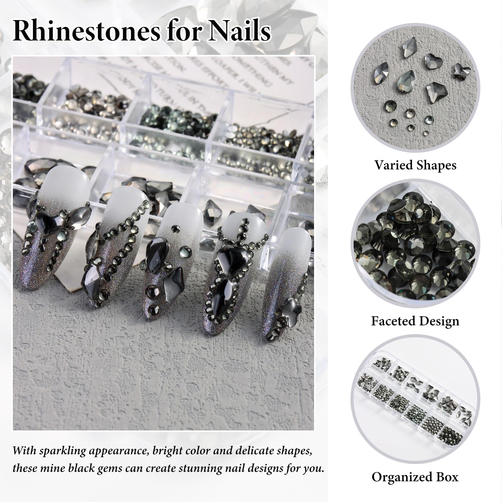 Sutokaka 3D Crystal Clear Nail Art Rhinestones Kit Multi Shapes Flatback Black Rhinestones Gems Round Diamond Jewels Beads With